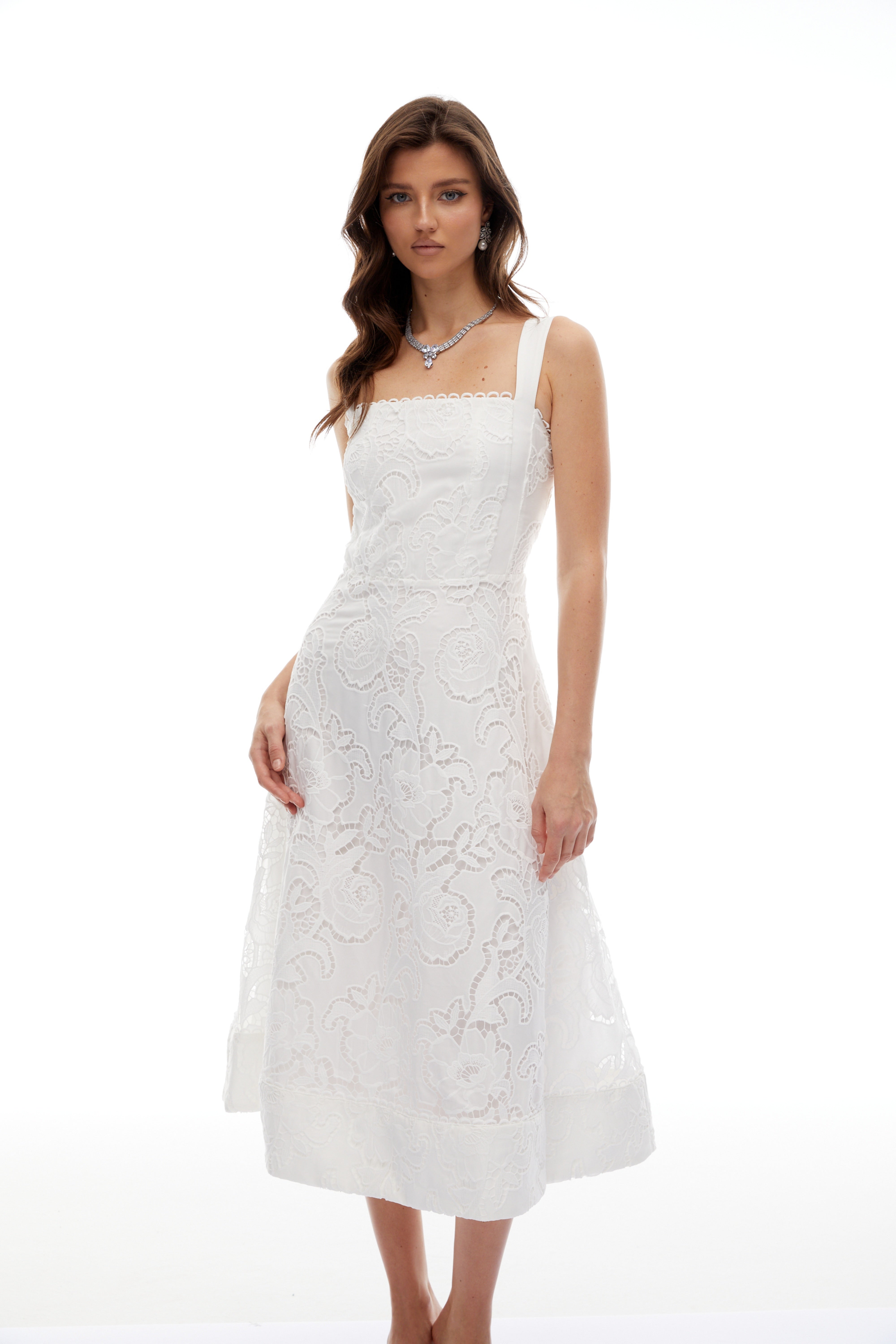 Genevieve White Floral Embroidered Lace Midi Dress