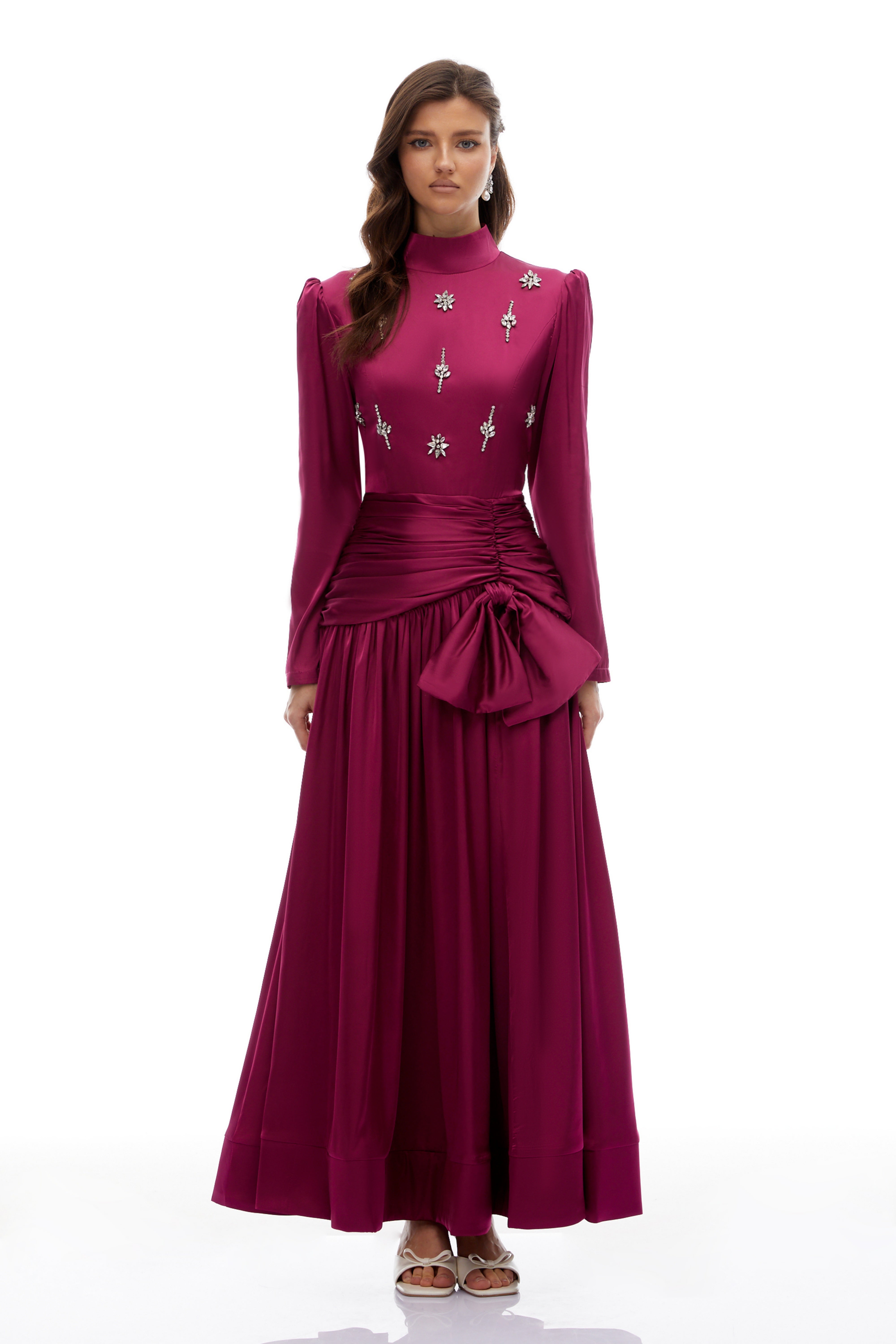 Faithe Rose Purple Bow Ruched Maxi Dress