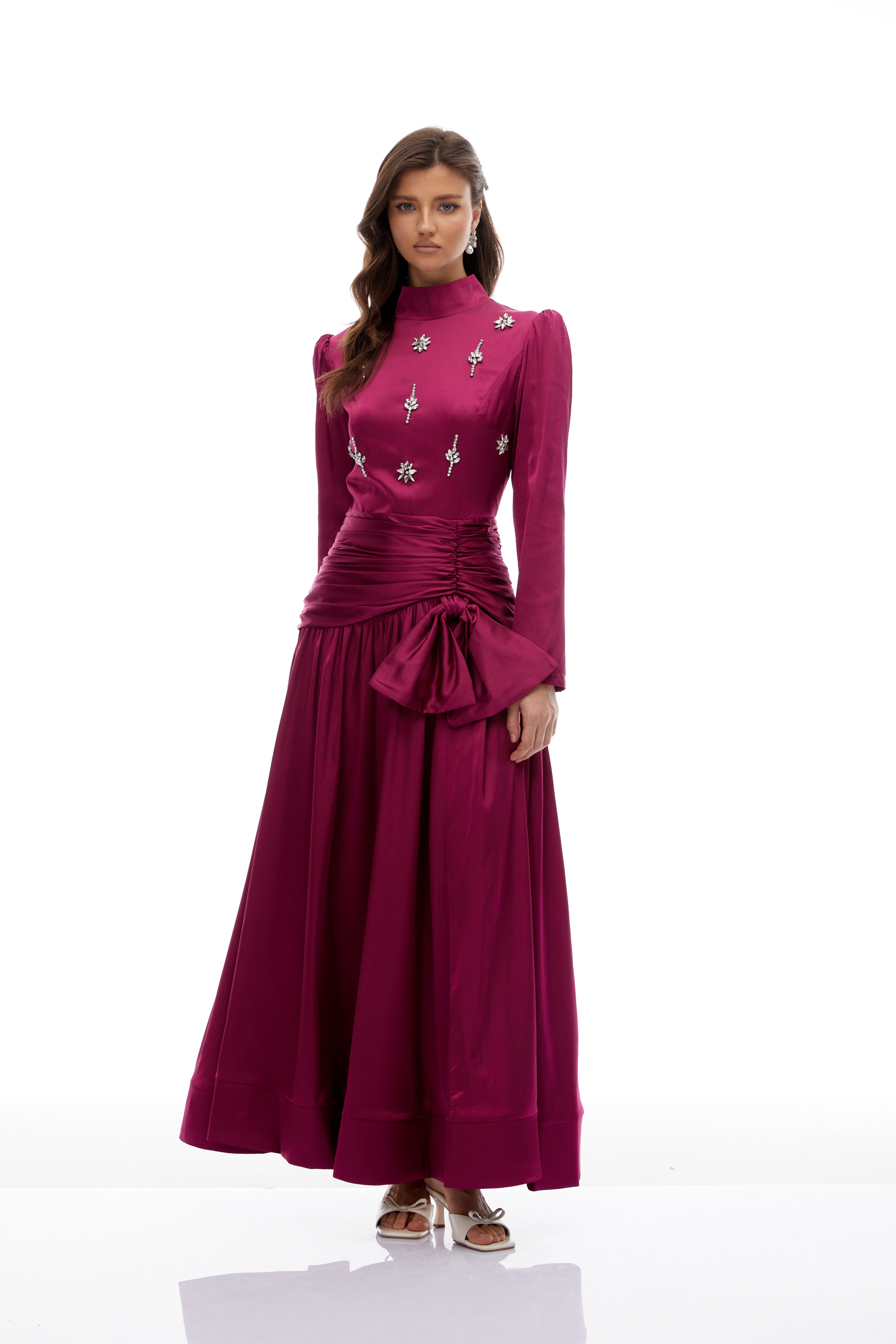 Faithe Rose Purple Bow Ruched Maxi Dress