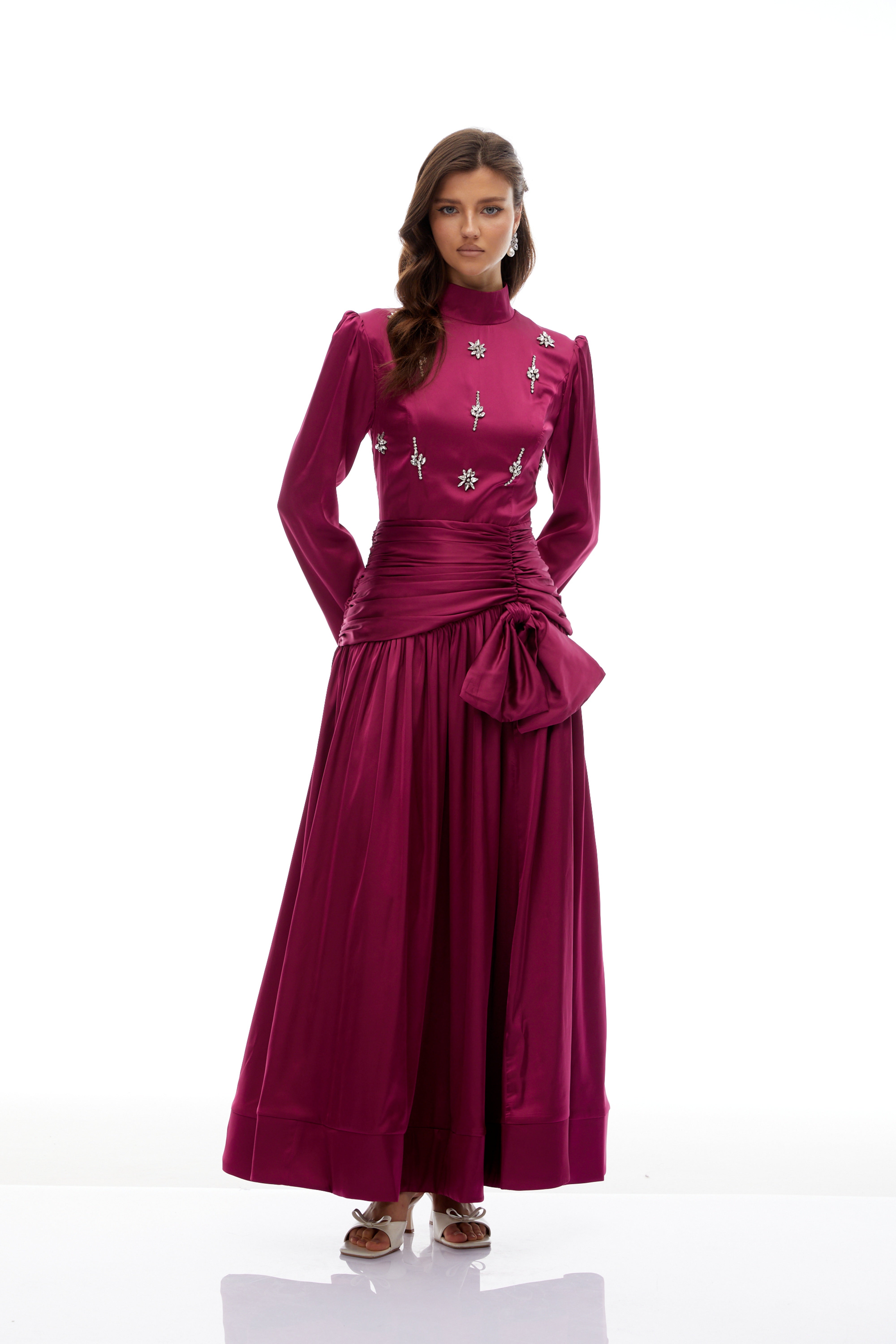 Faithe Rose Purple Bow Ruched Maxi Dress