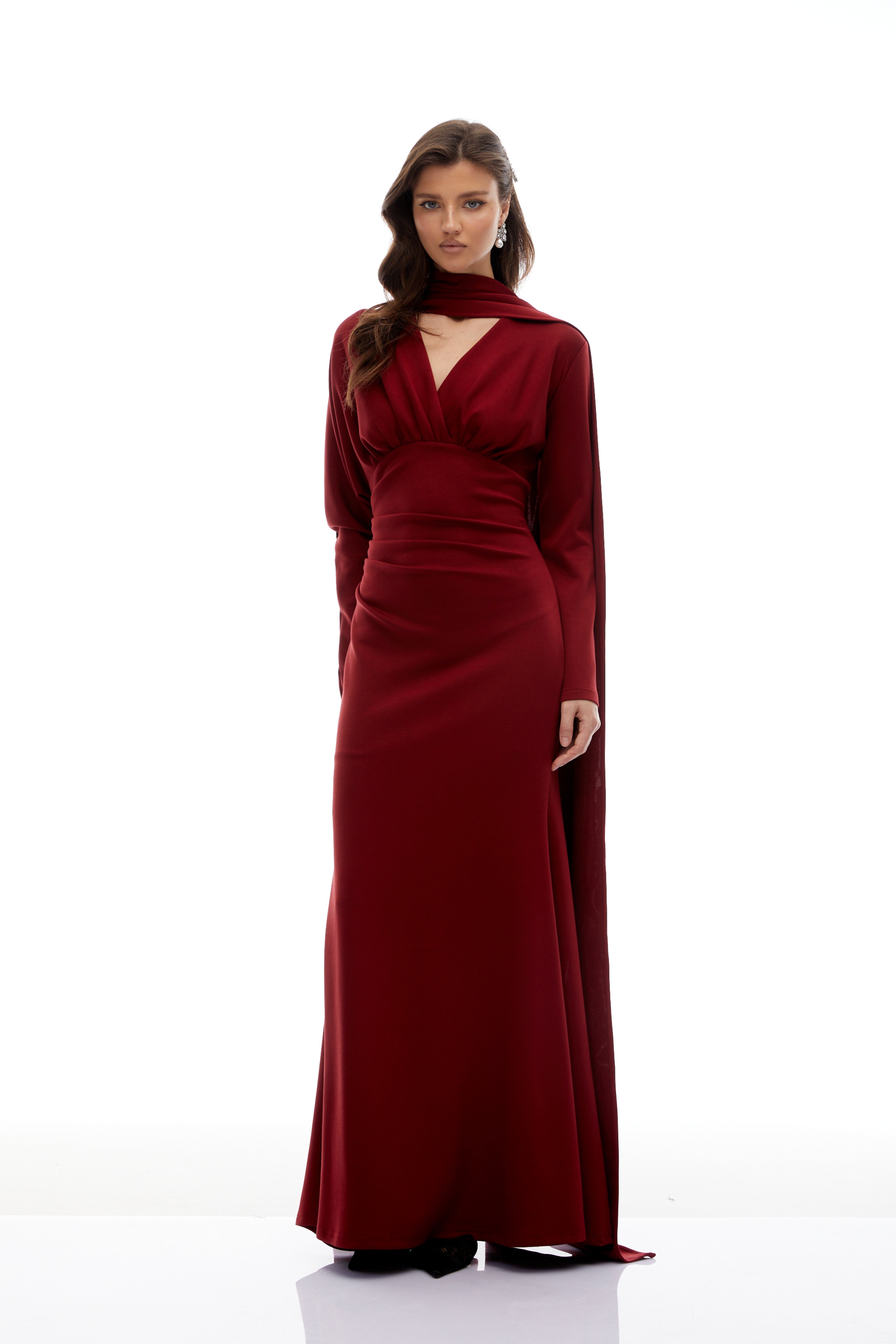 Margot Red Scarf Design Ruched Maxi Gown