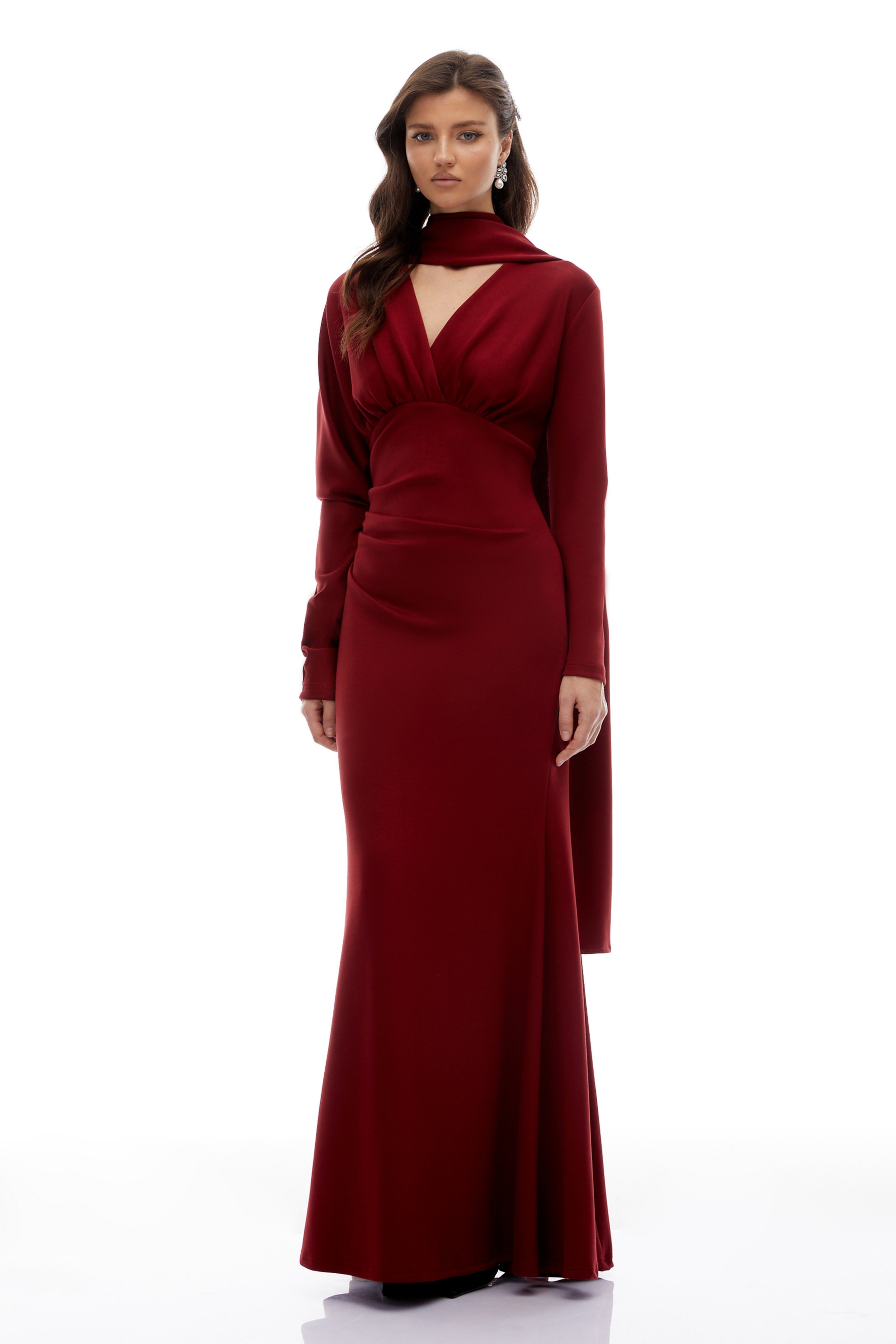 Margot Red Scarf Design Ruched Maxi Gown