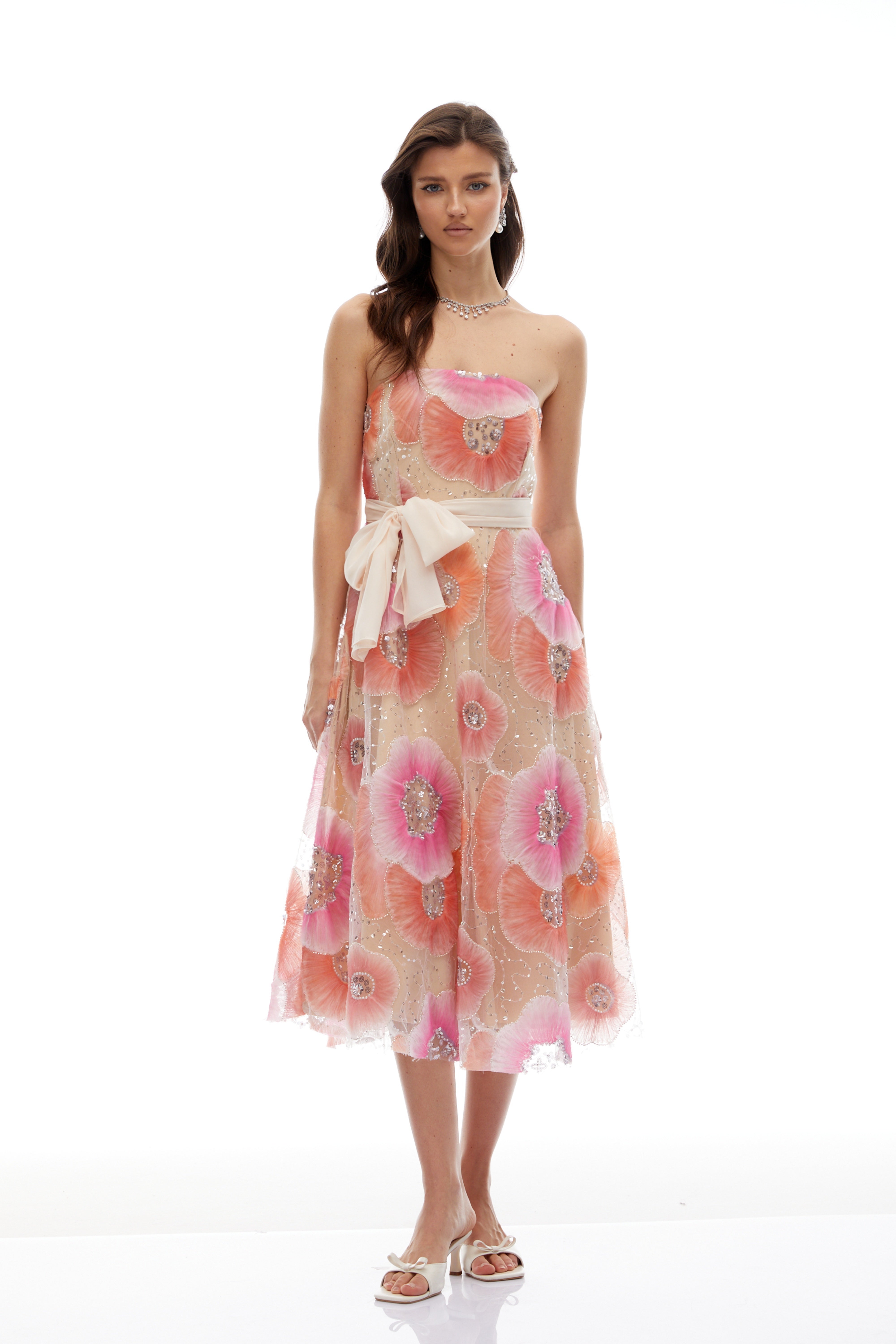 Evangeline Orange Floral Print Embellished Midi Dress