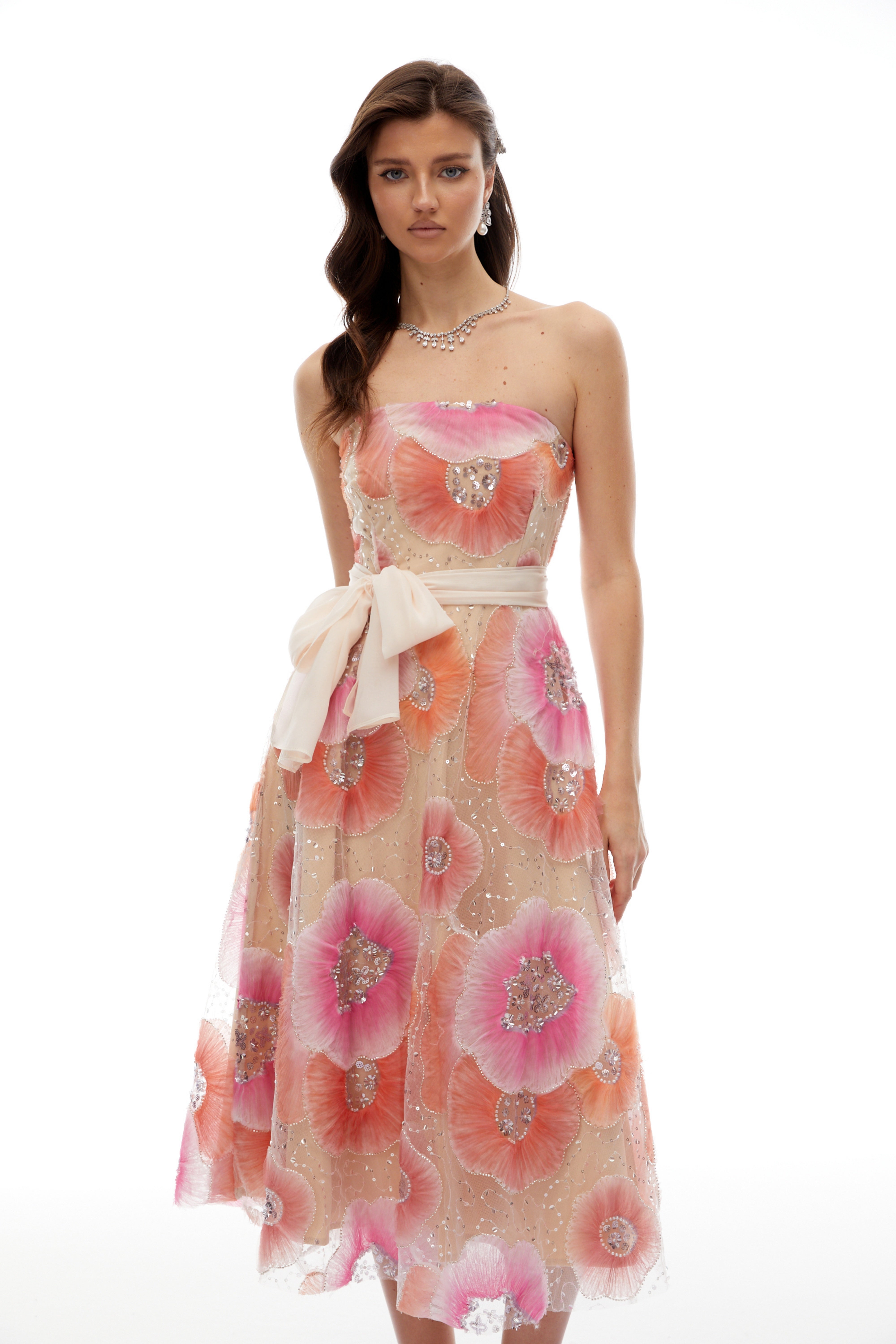 Evangeline Orange Floral Print Embellished Midi Dress