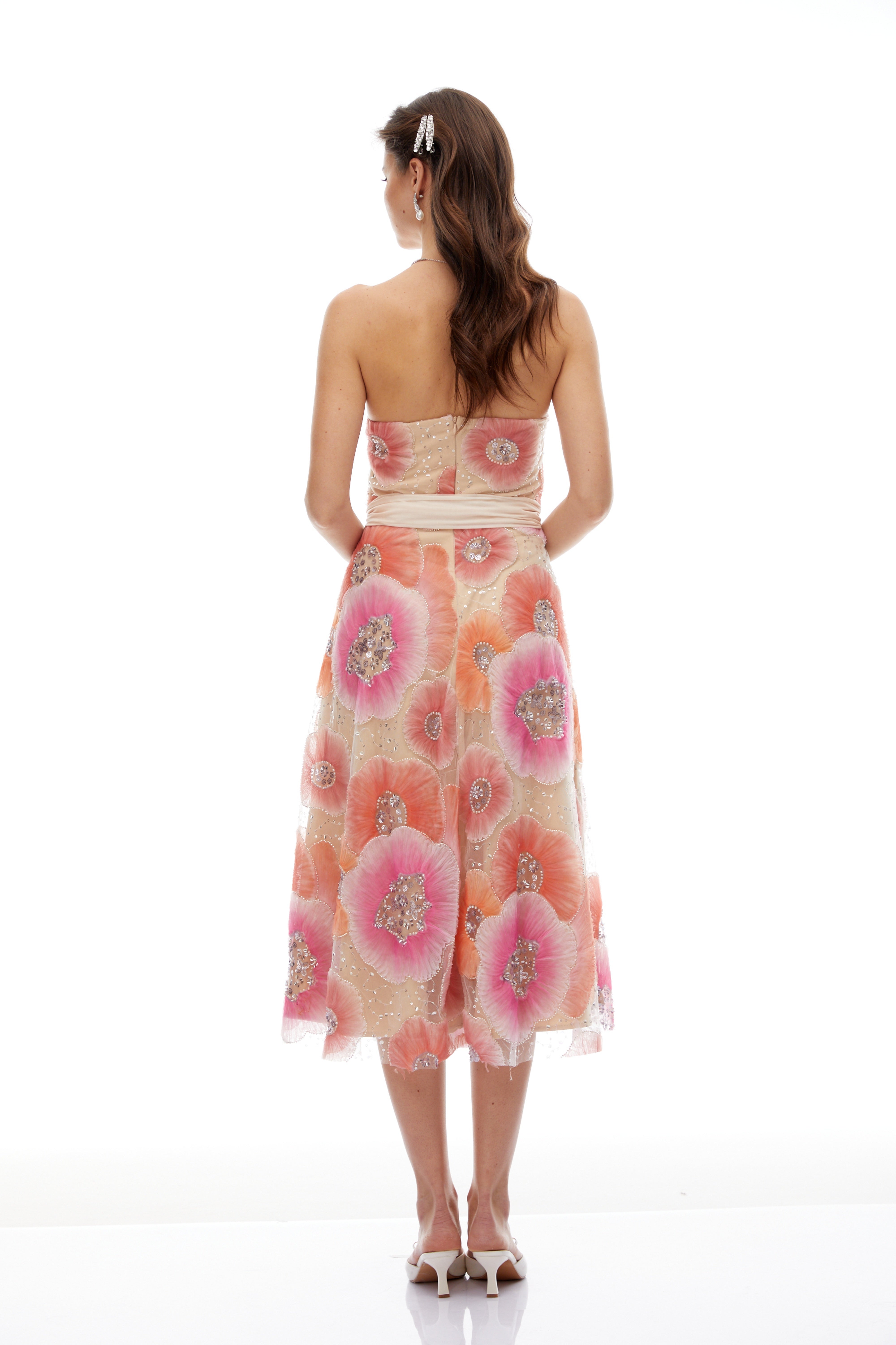 Evangeline Orange Floral Print Embellished Midi Dress