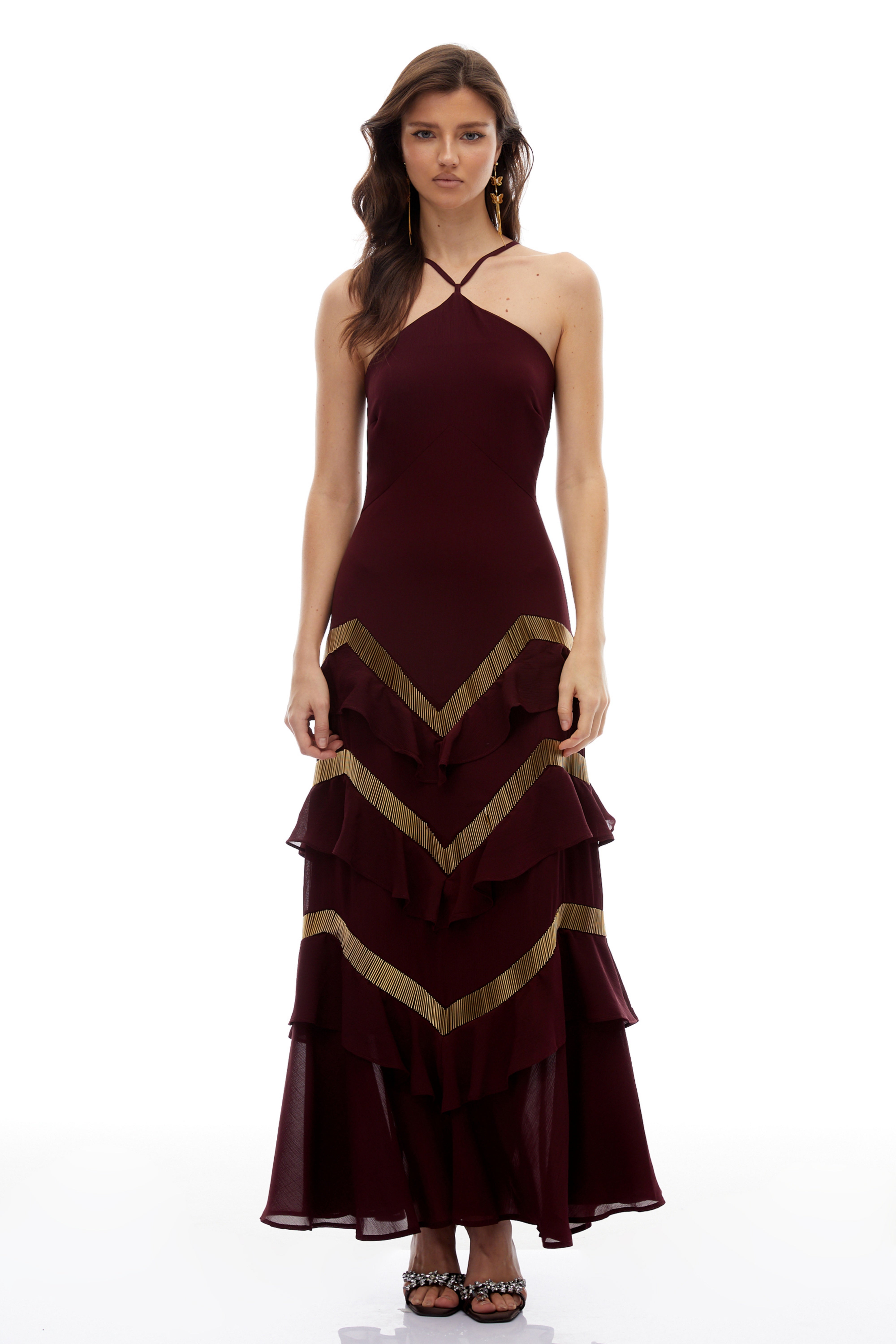 Zénaïde Burgundy Halterneck Ruffled Tiered Maxi Dress