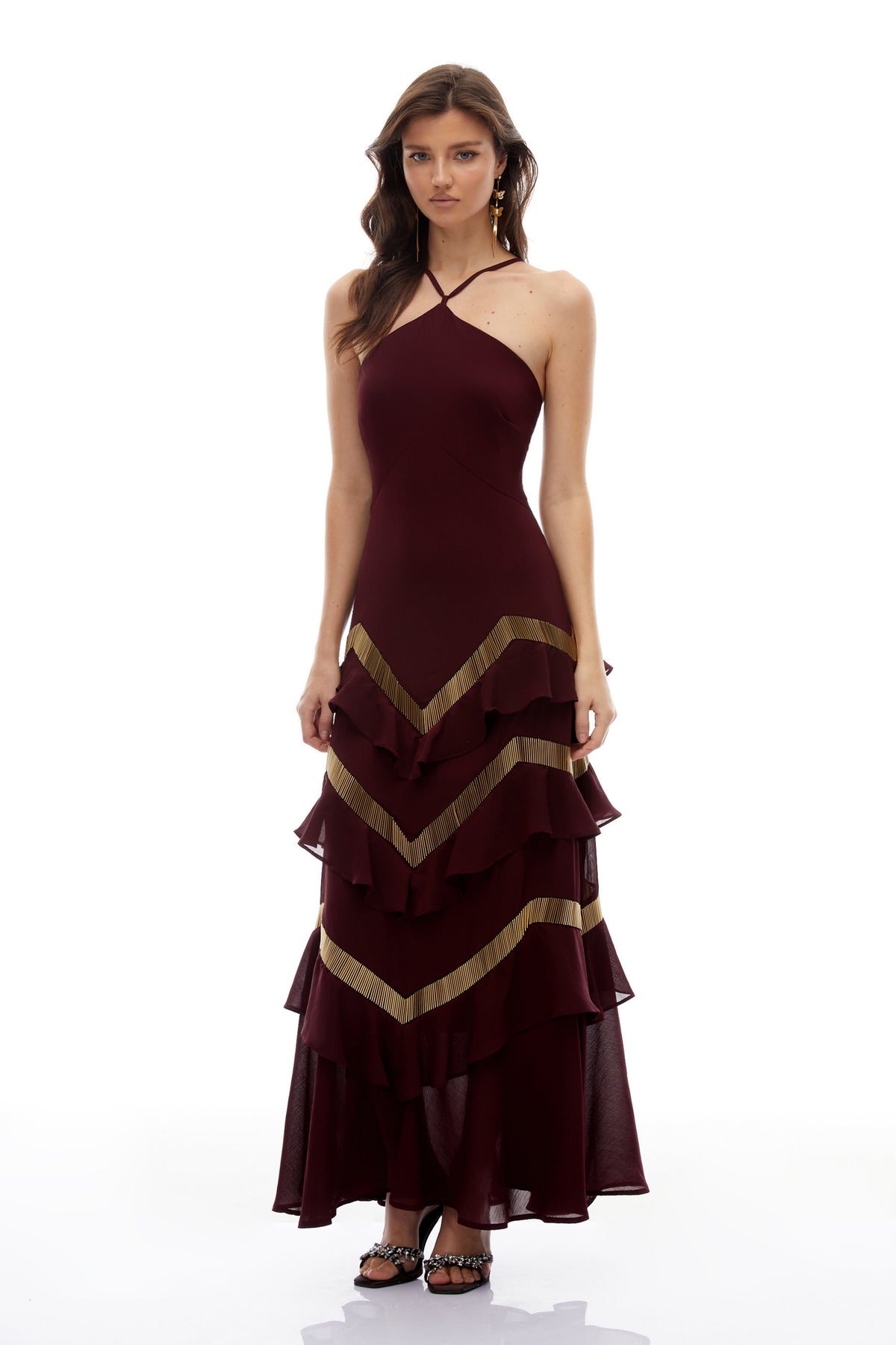 Zénaïde Burgundy Halterneck Ruffled Tiered Maxi Dress