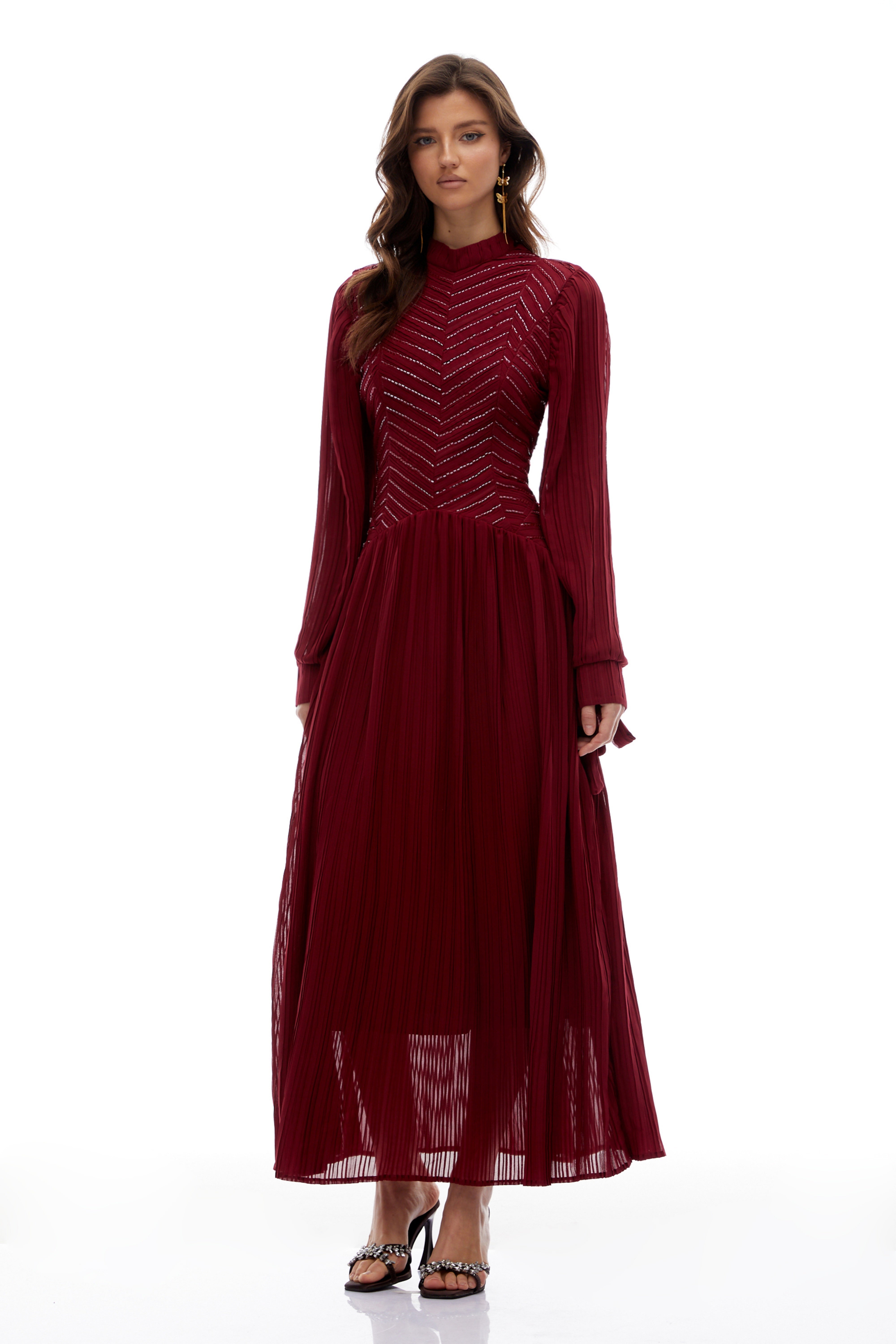 Hulda Burgundy Bead Embellished Ruched Maxi Dress