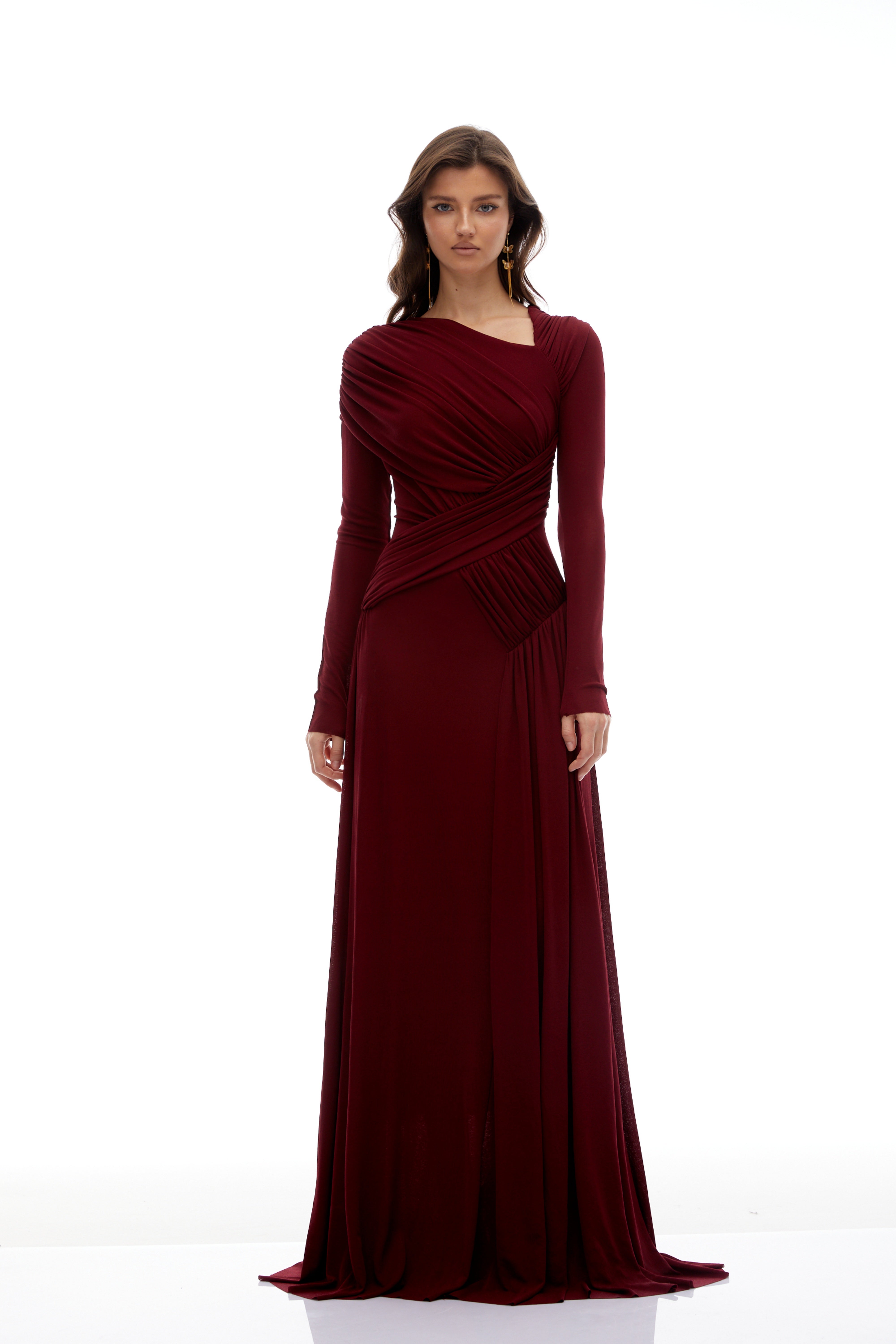 Beatriz Burgundy Asymmetrical Gathered Maxi Dress