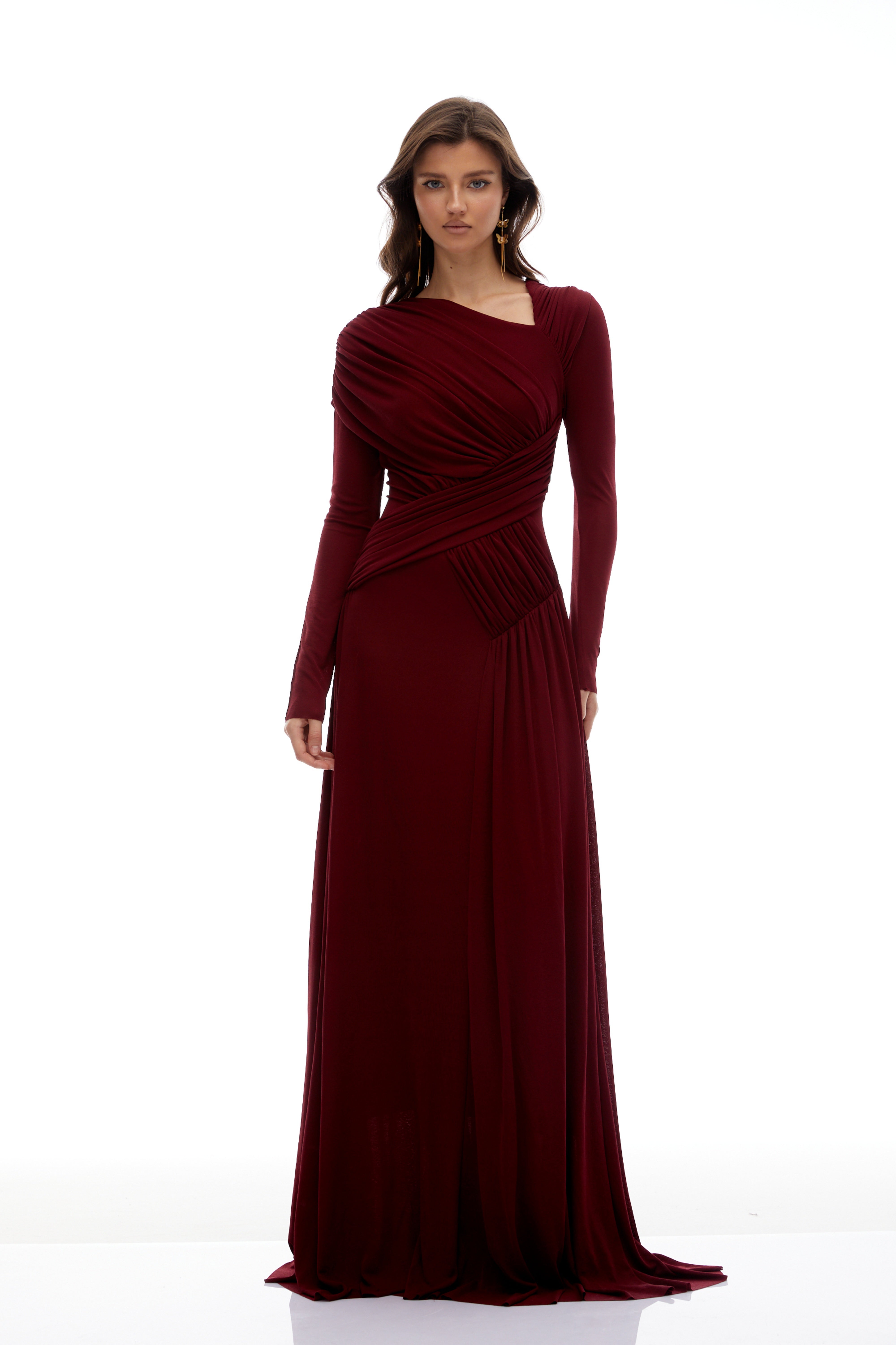 Beatriz Burgundy Asymmetrical Gathered Maxi Dress (Final Sale-US Only)