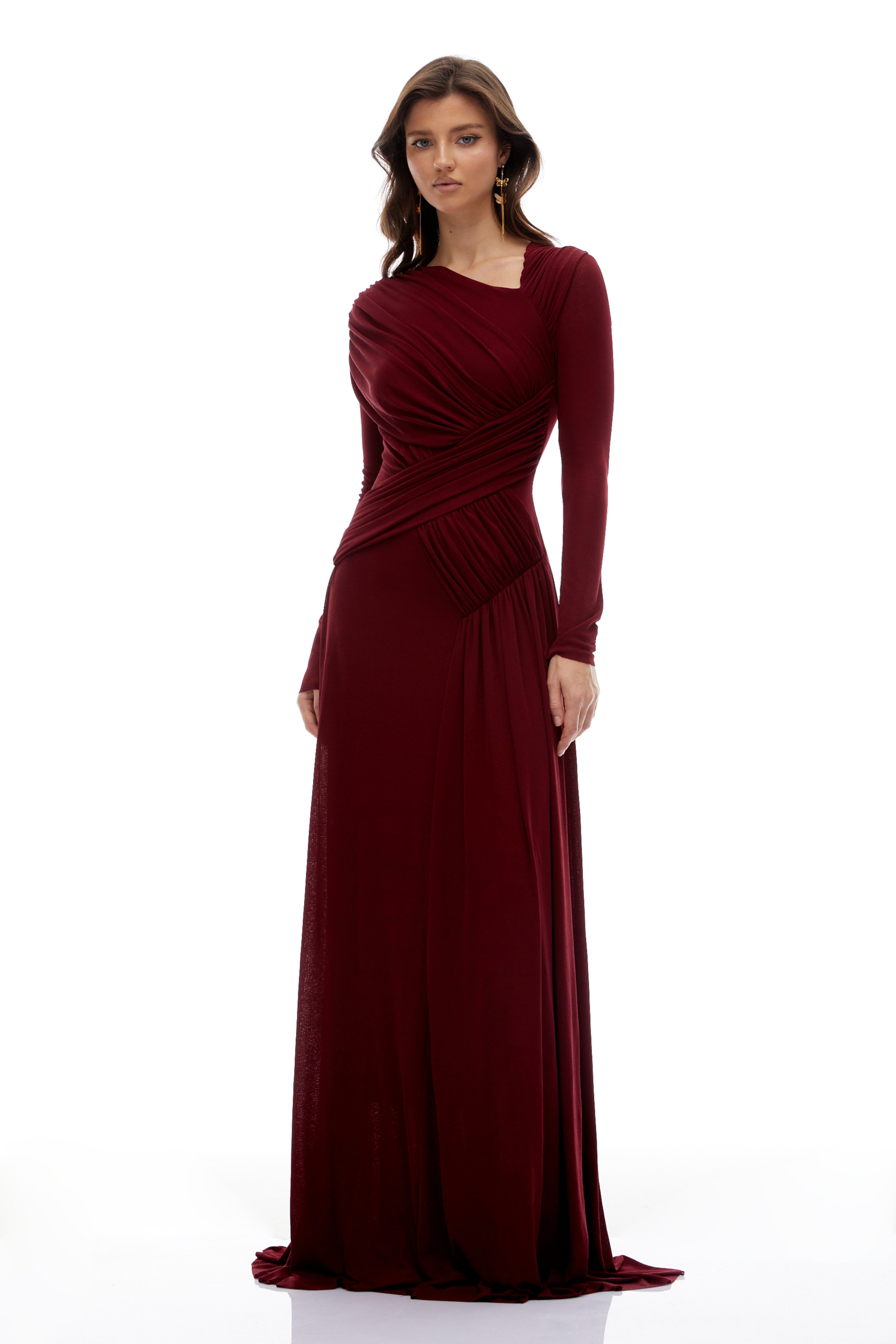 Beatriz Burgundy Asymmetrical Gathered Maxi Dress