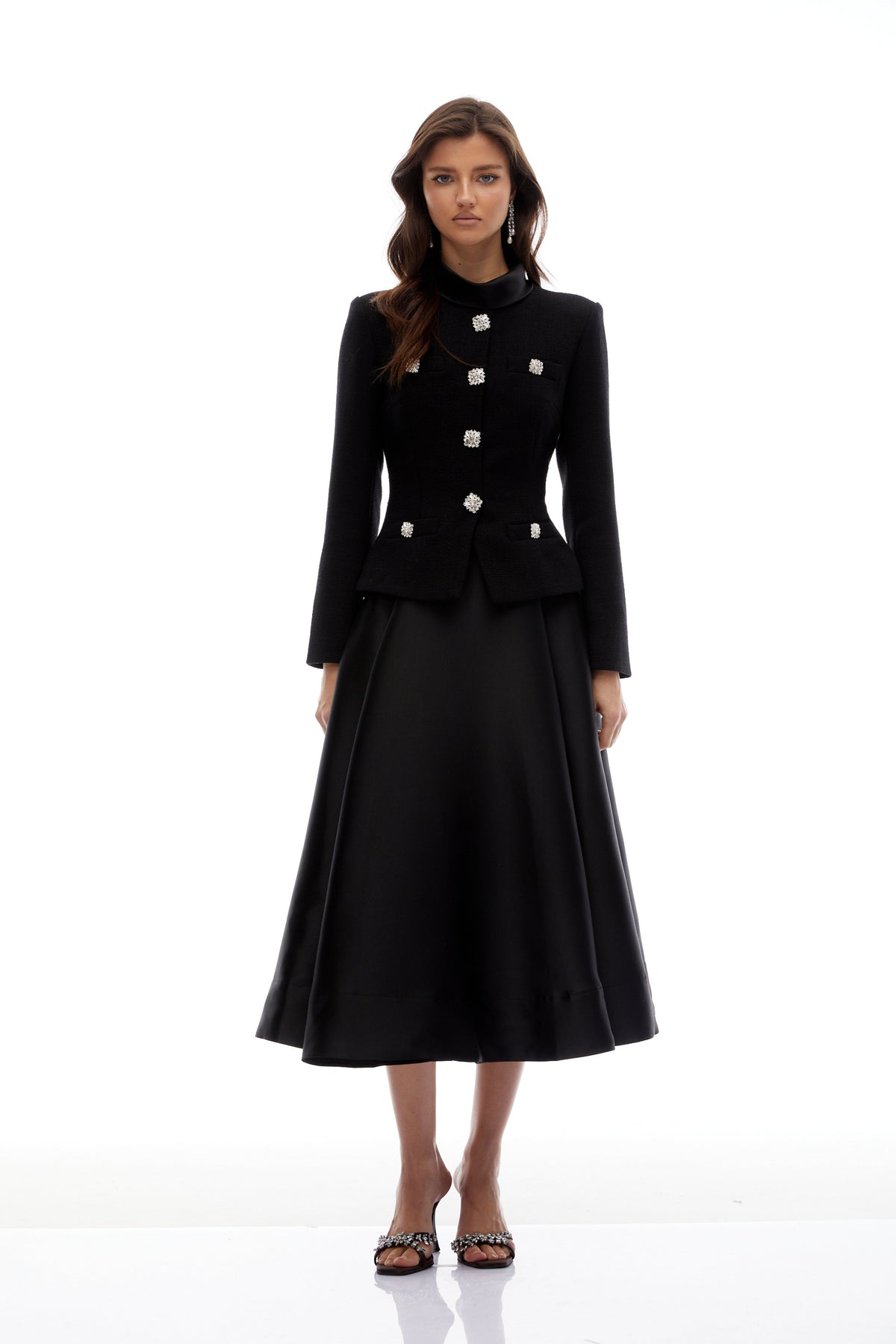 Lorelei Black High Neck Tweed Midi Dress