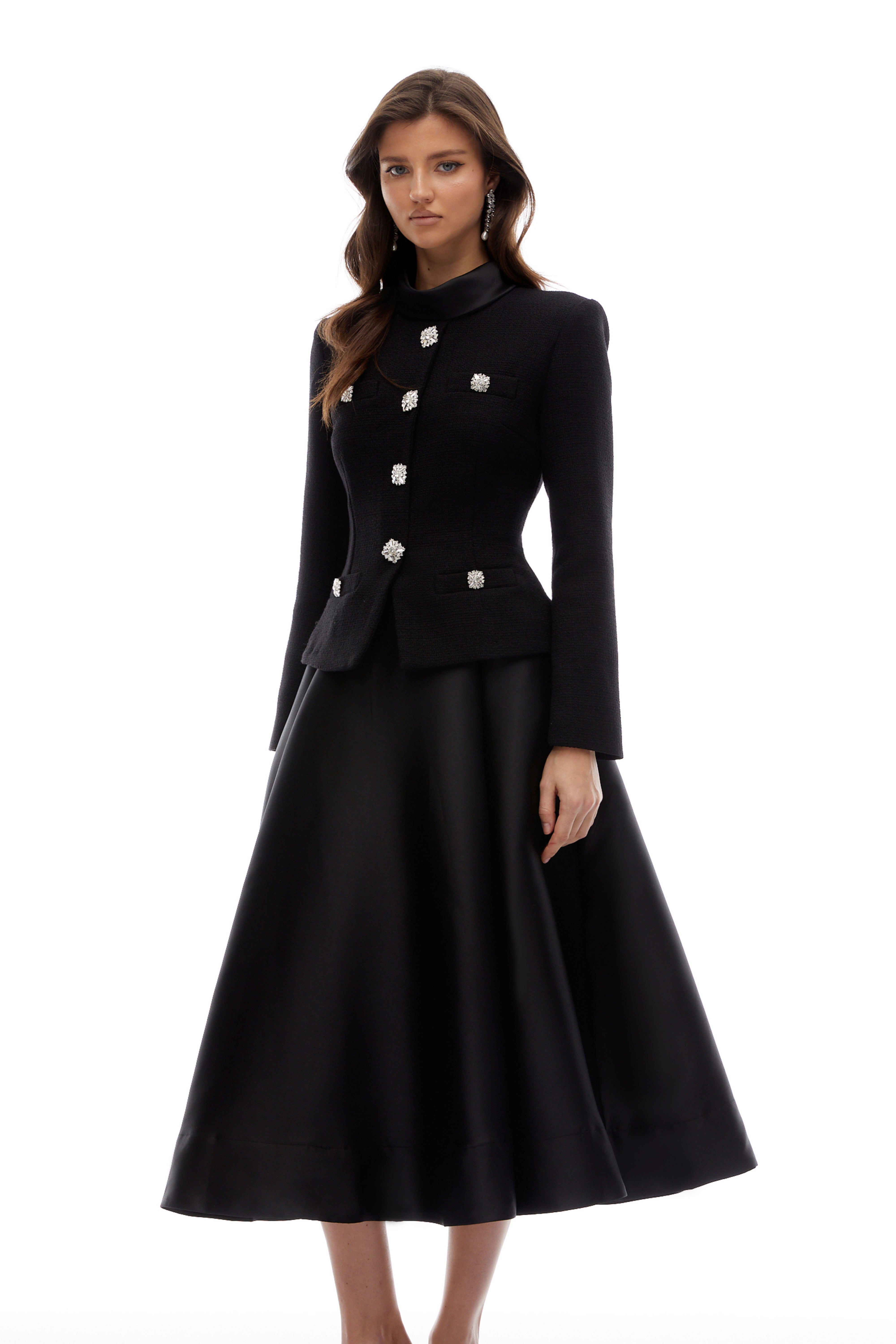 Lorelei Black High Neck Tweed Midi Dress