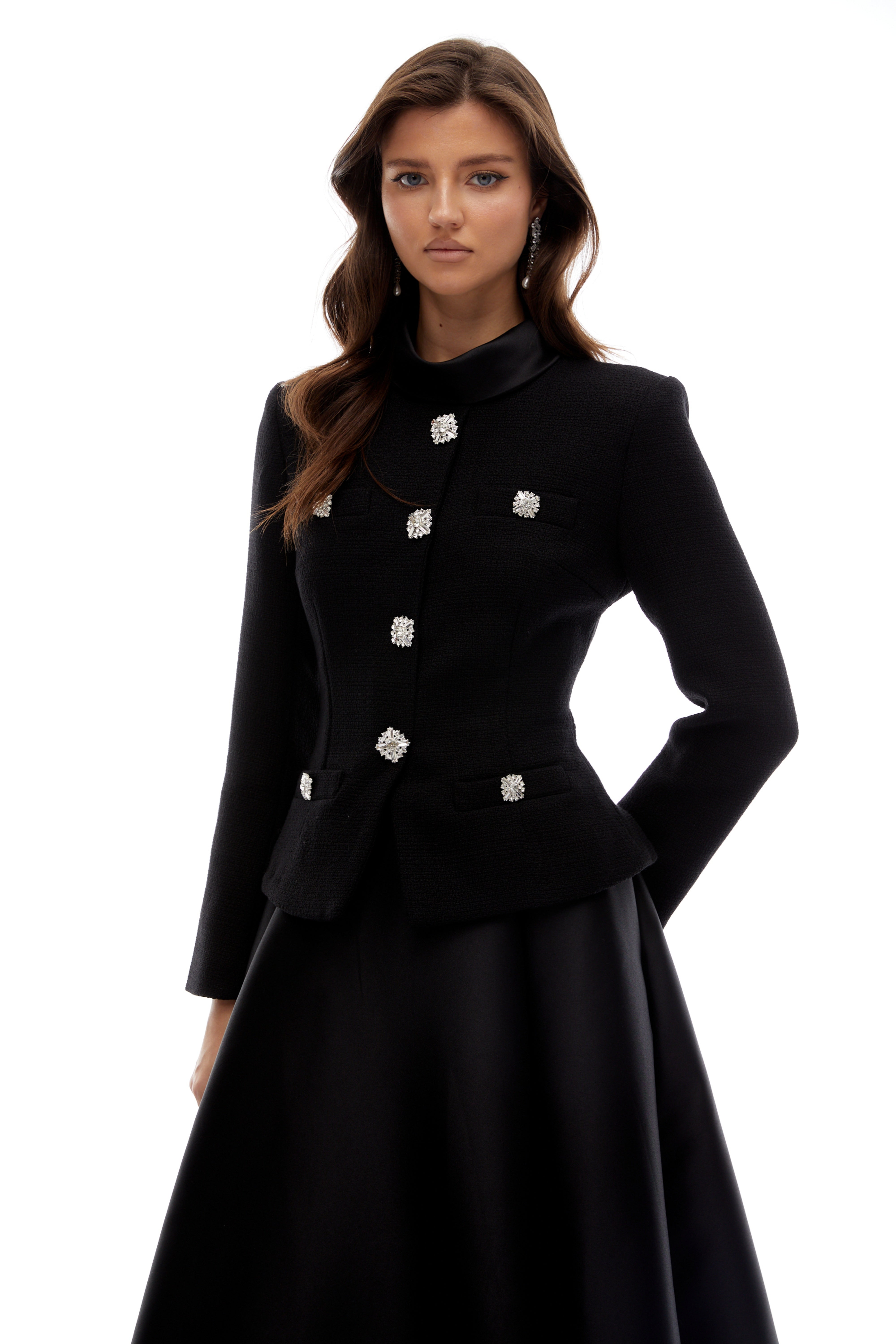 Lorelei Black High Neck Tweed Midi Dress