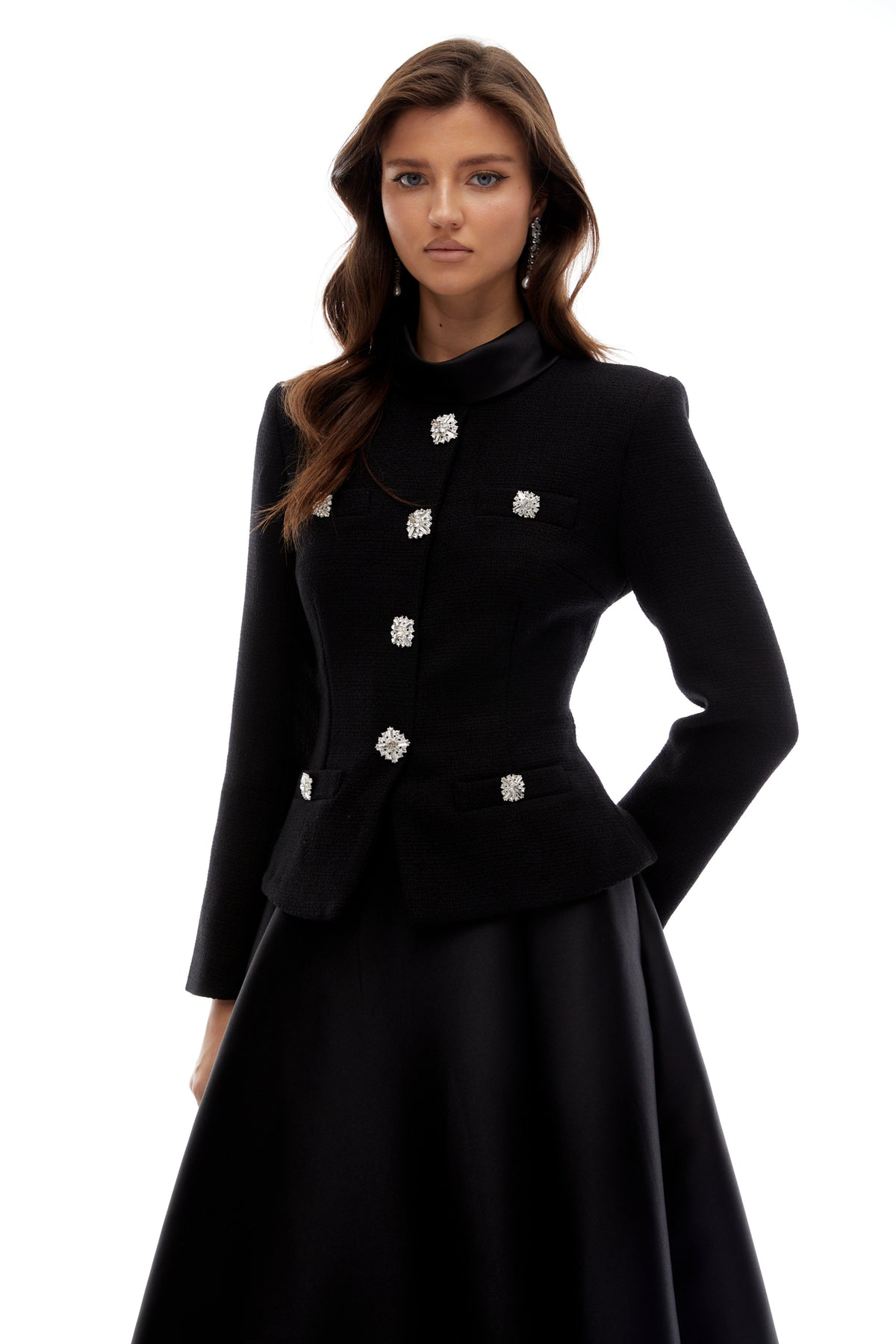 Lorelei Black High Neck Tweed Midi Dress (Final Sale)