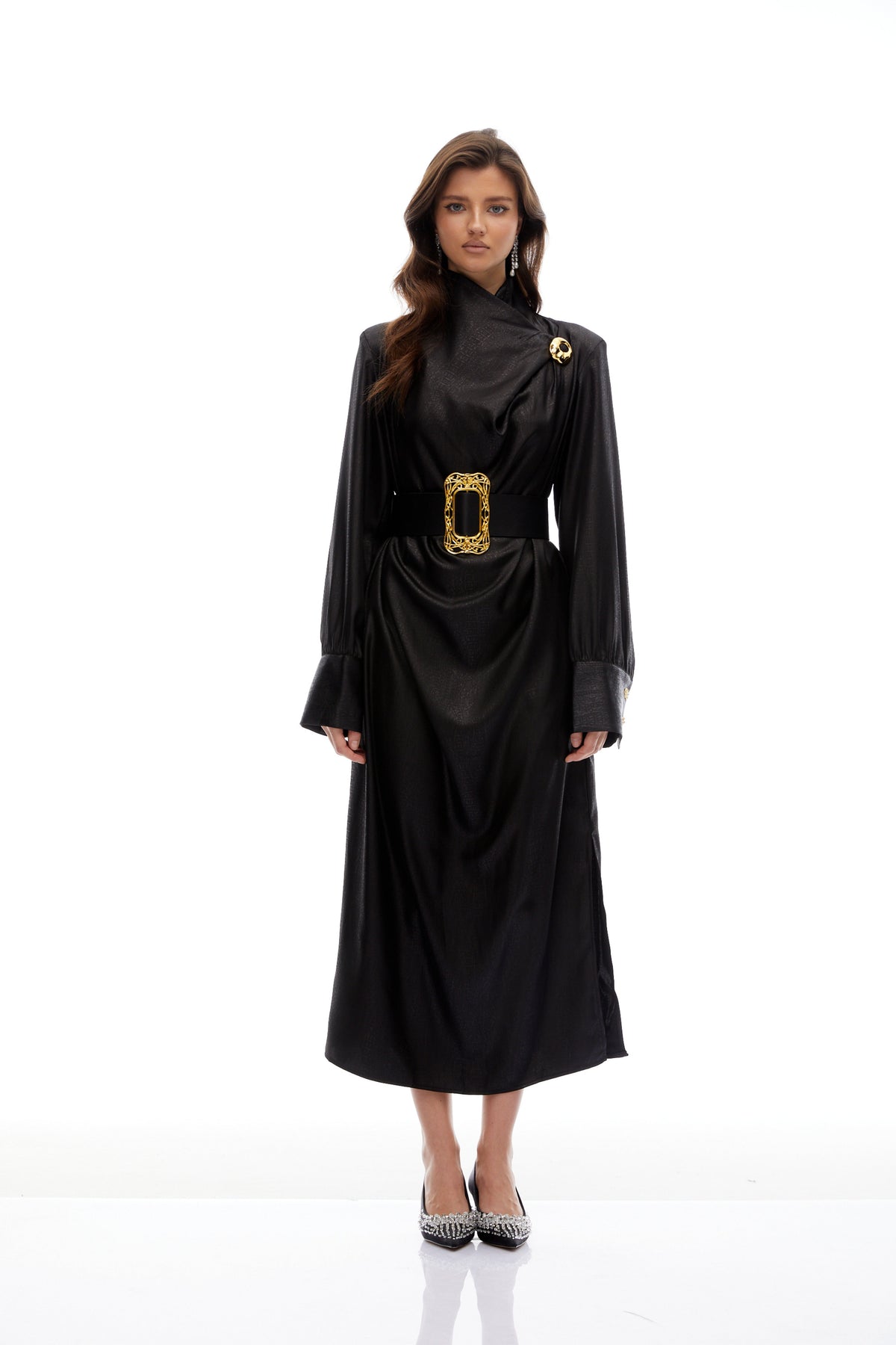 Frederica Black Belted Textured Leather Coat