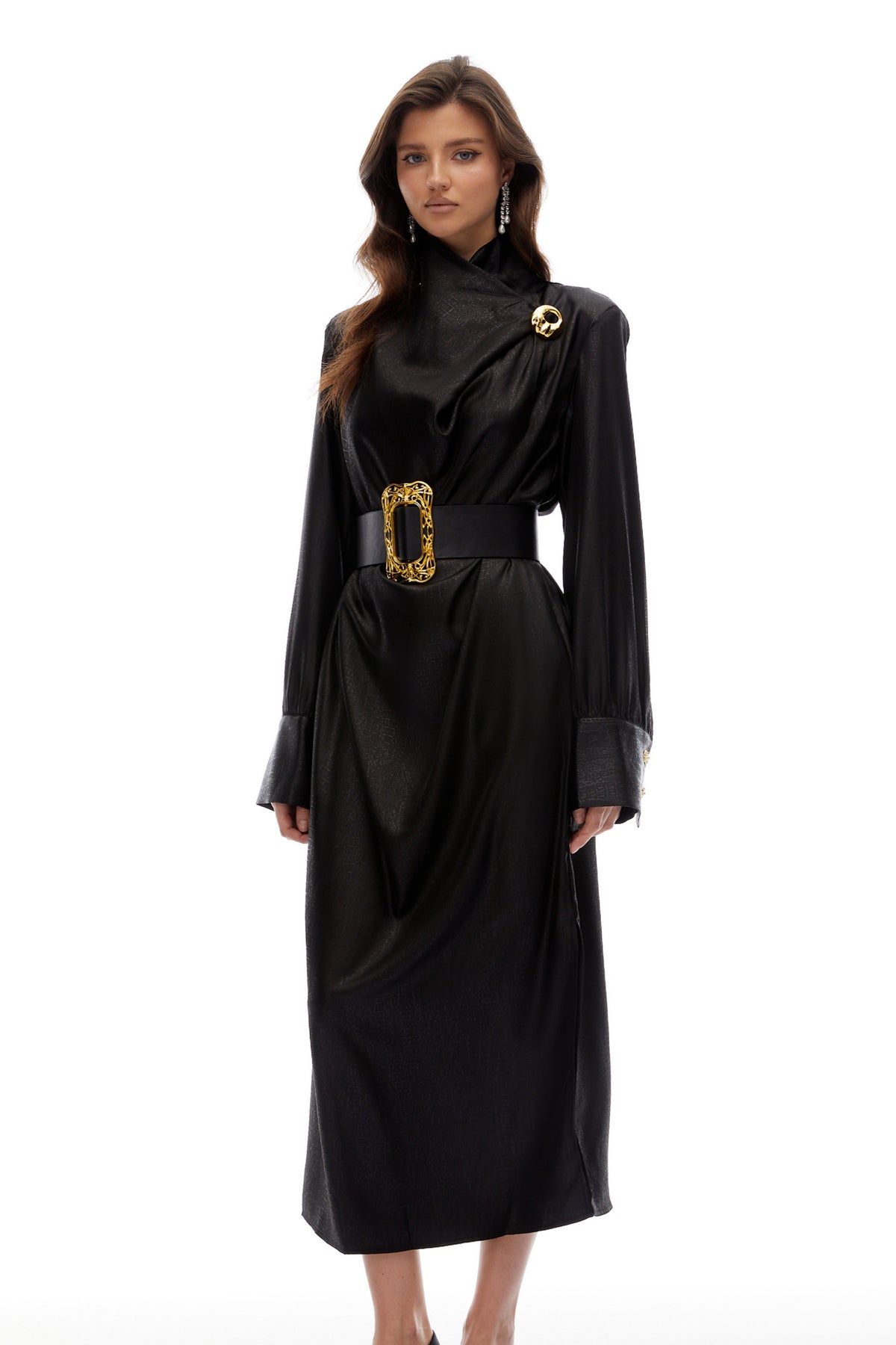 Frederica Black Belted Textured Leather Coat