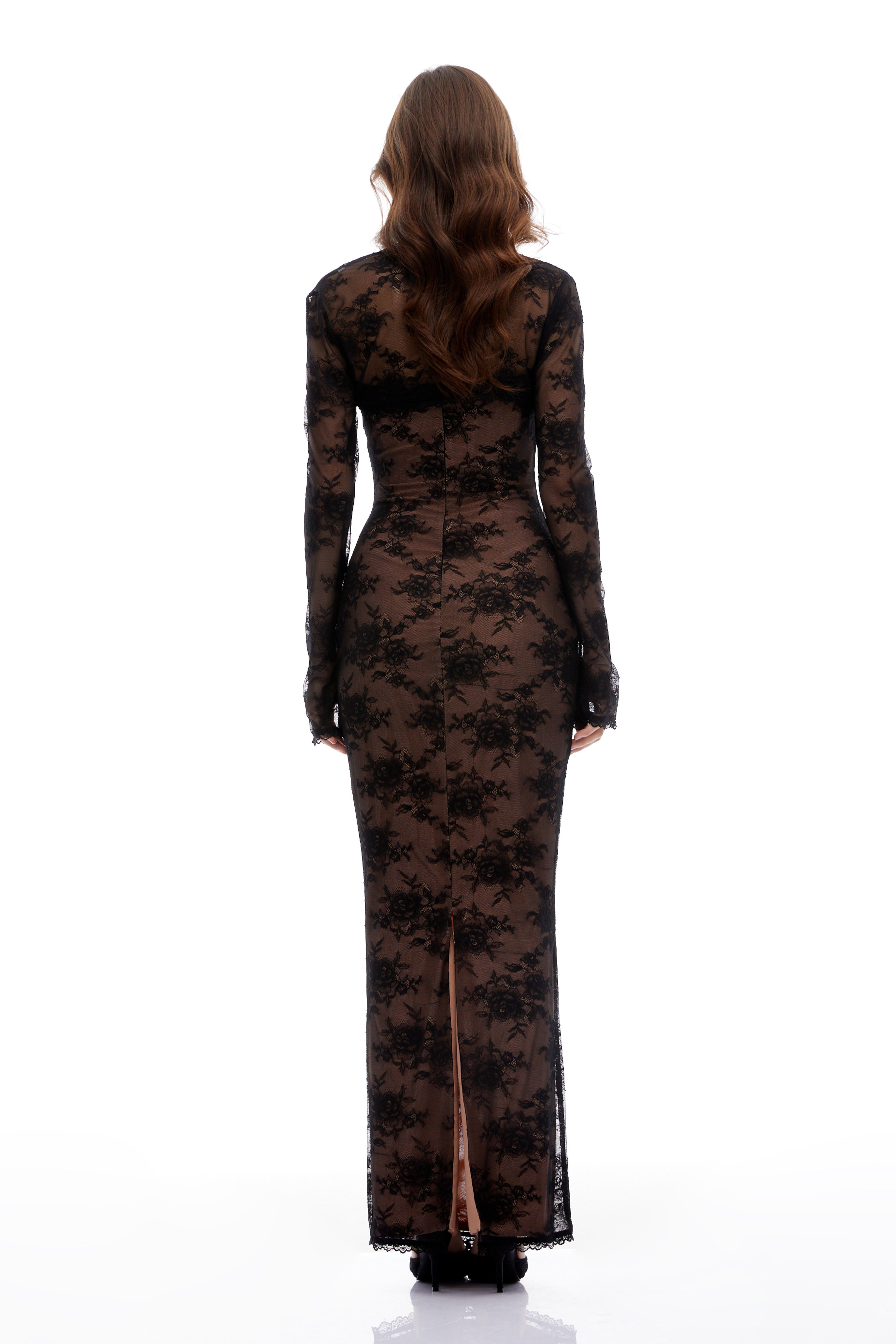 Freya Black Floral Lace Ruched Maxi Dress