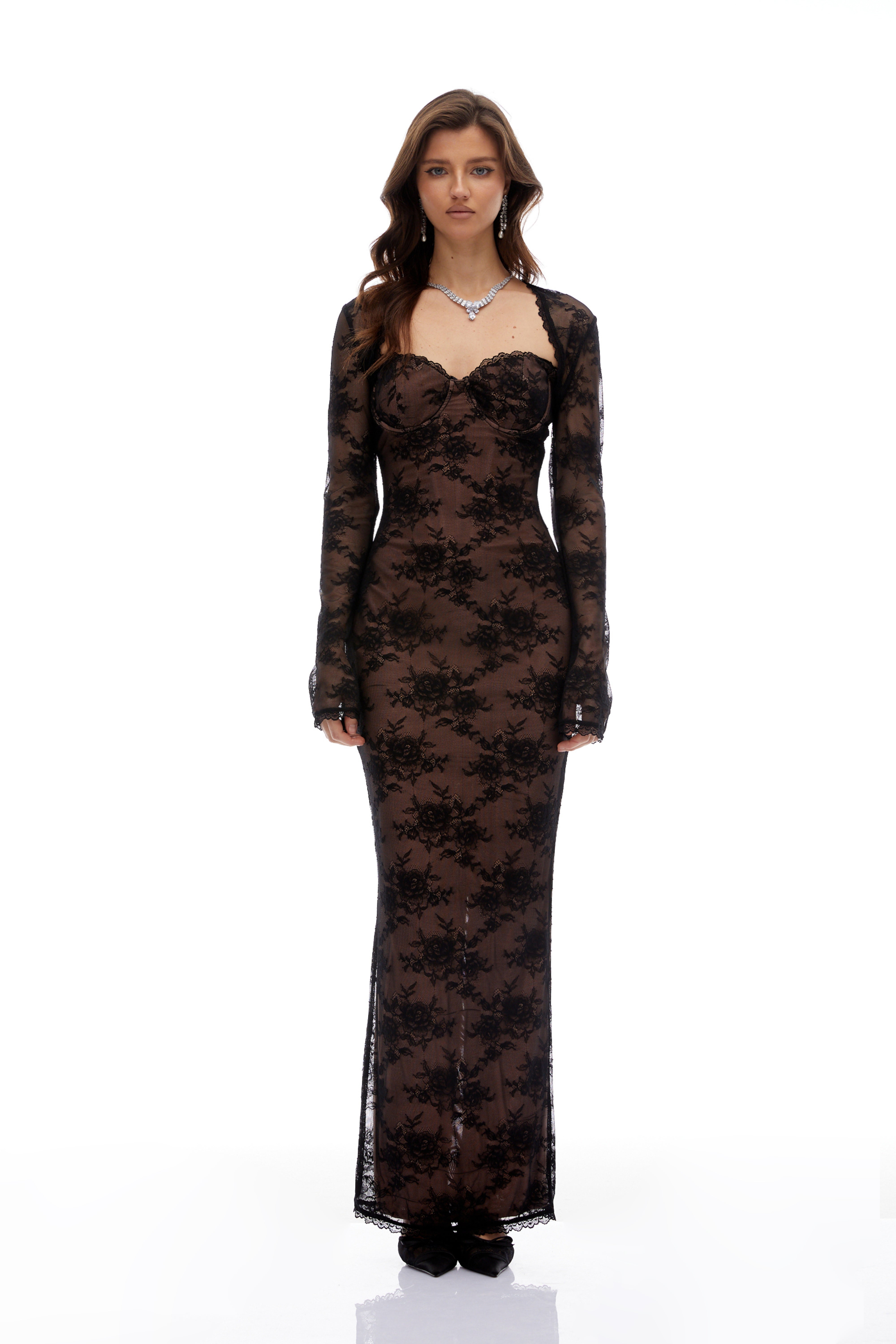 Freya Black Floral Lace Ruched Maxi Dress