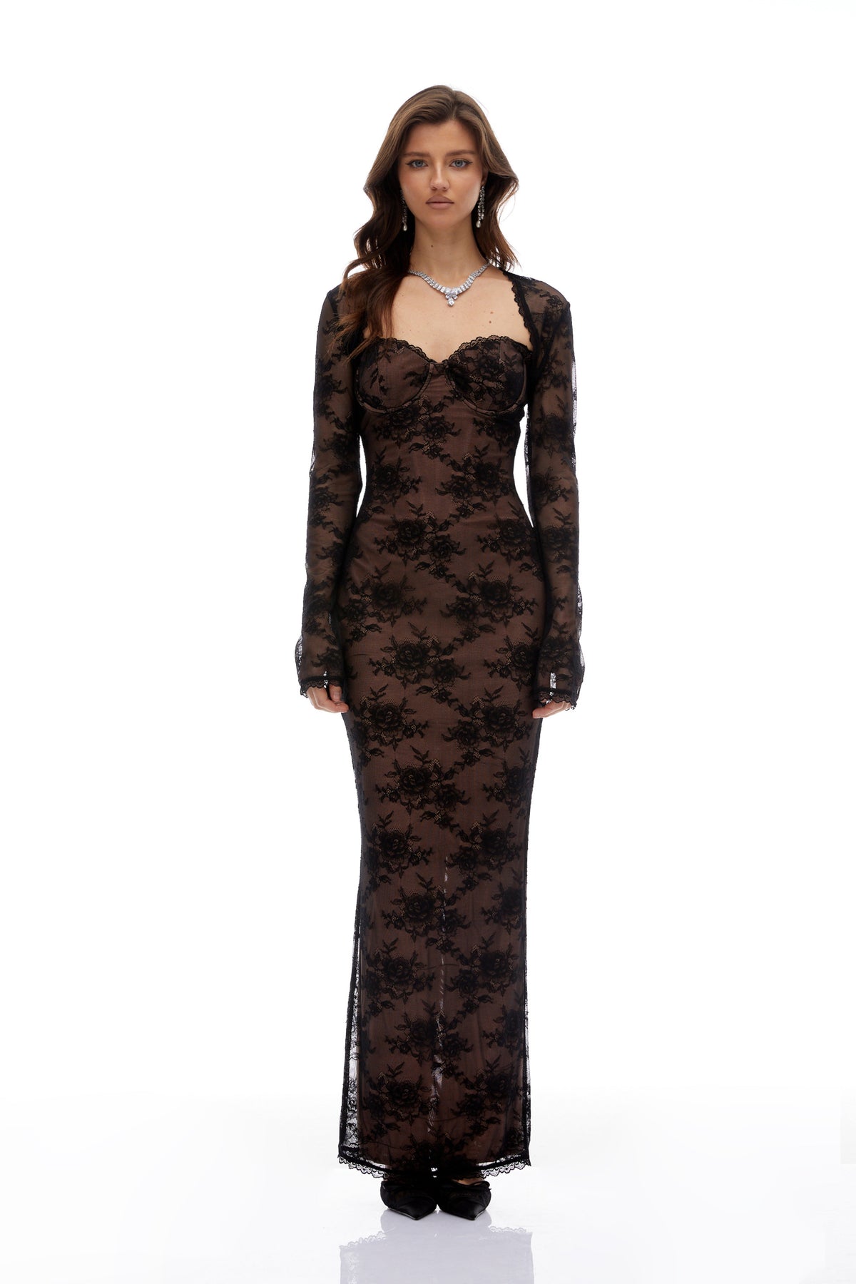 Freya Black Floral Lace Ruched Maxi Dress