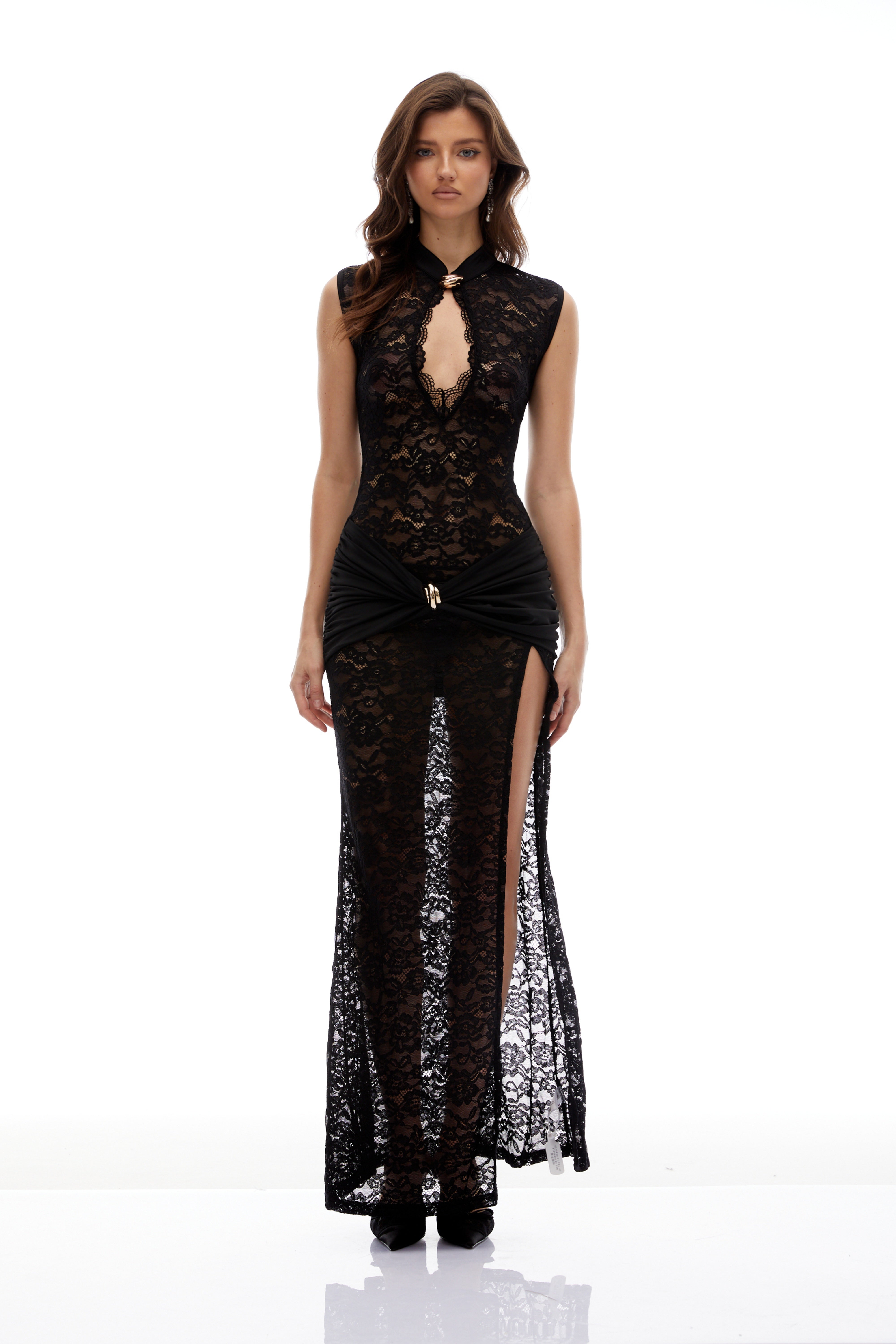Vilde Black High Slit Floral Lace Maxi Dress