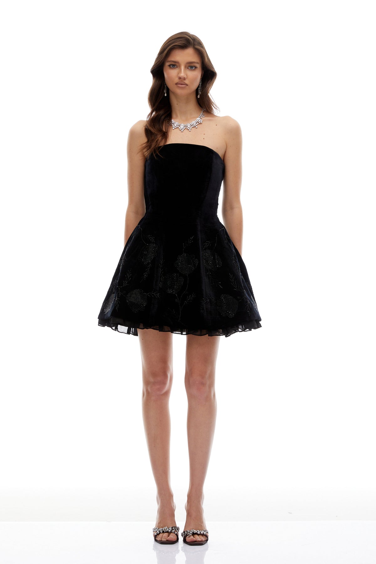 Veromca Black Floral Rhinestone Embellished Mini Dress