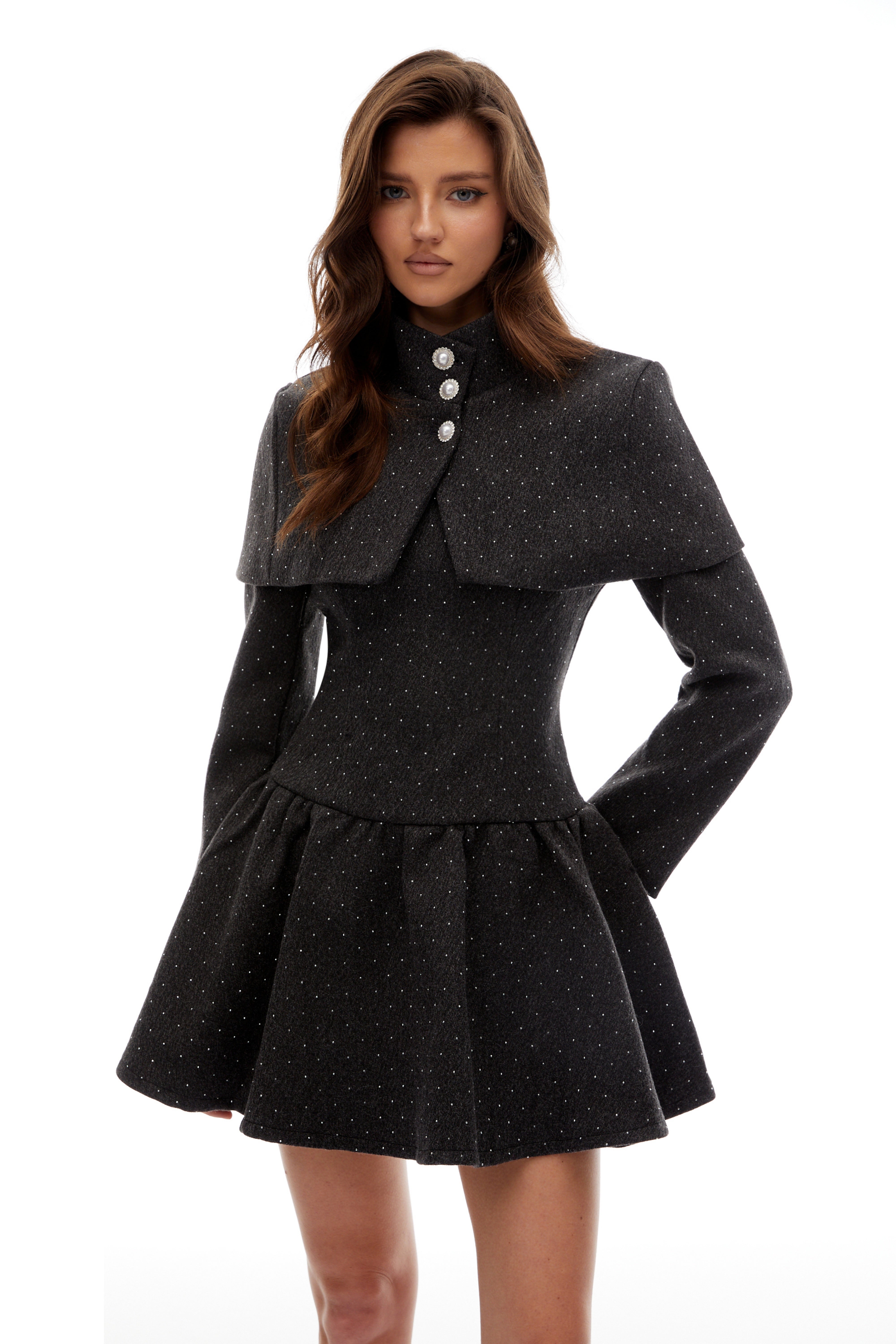 Indira Grey Polka Dot Woolen Cape & Dress Set