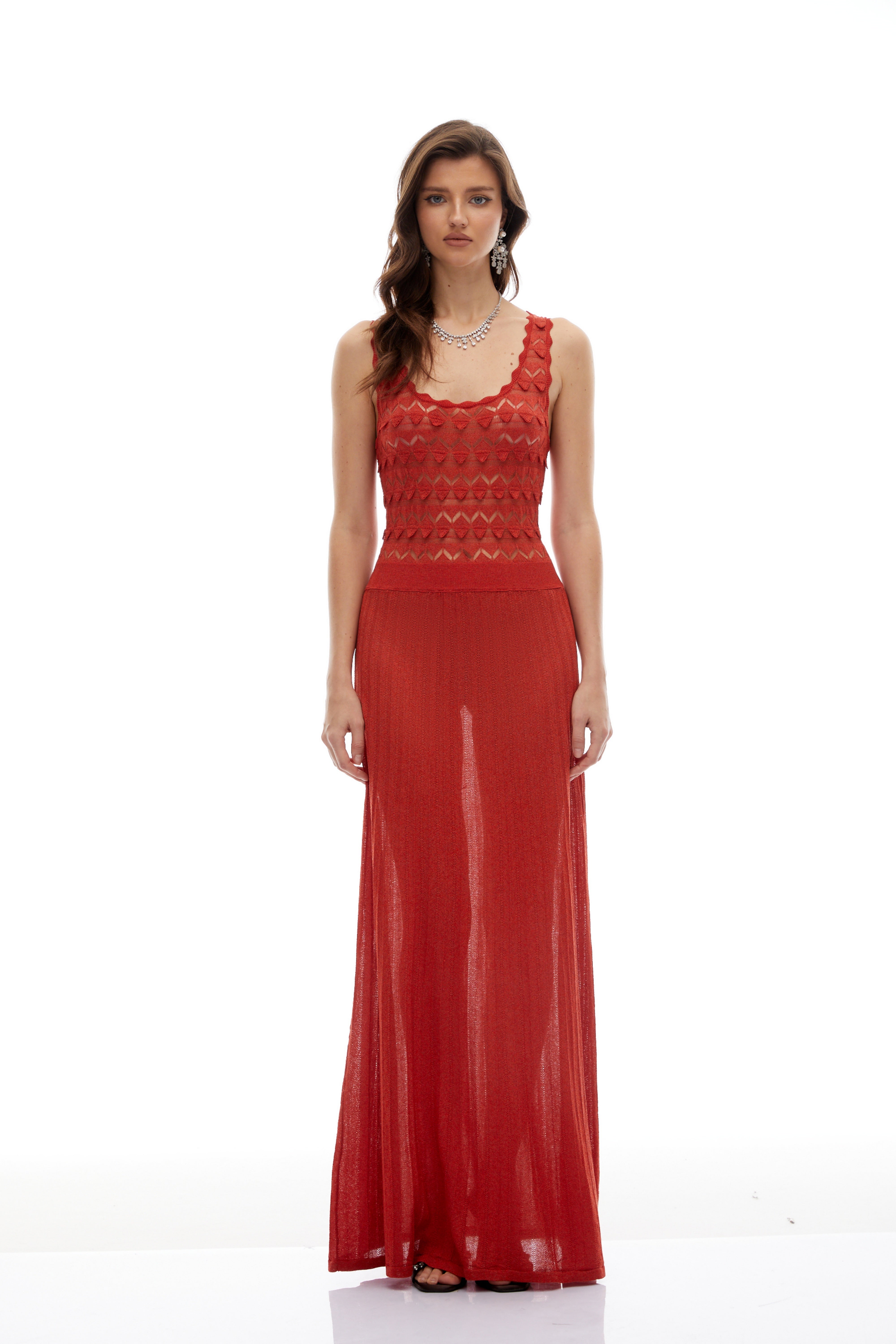 Calla Red 3D Knitted Ornament Maxi Dress