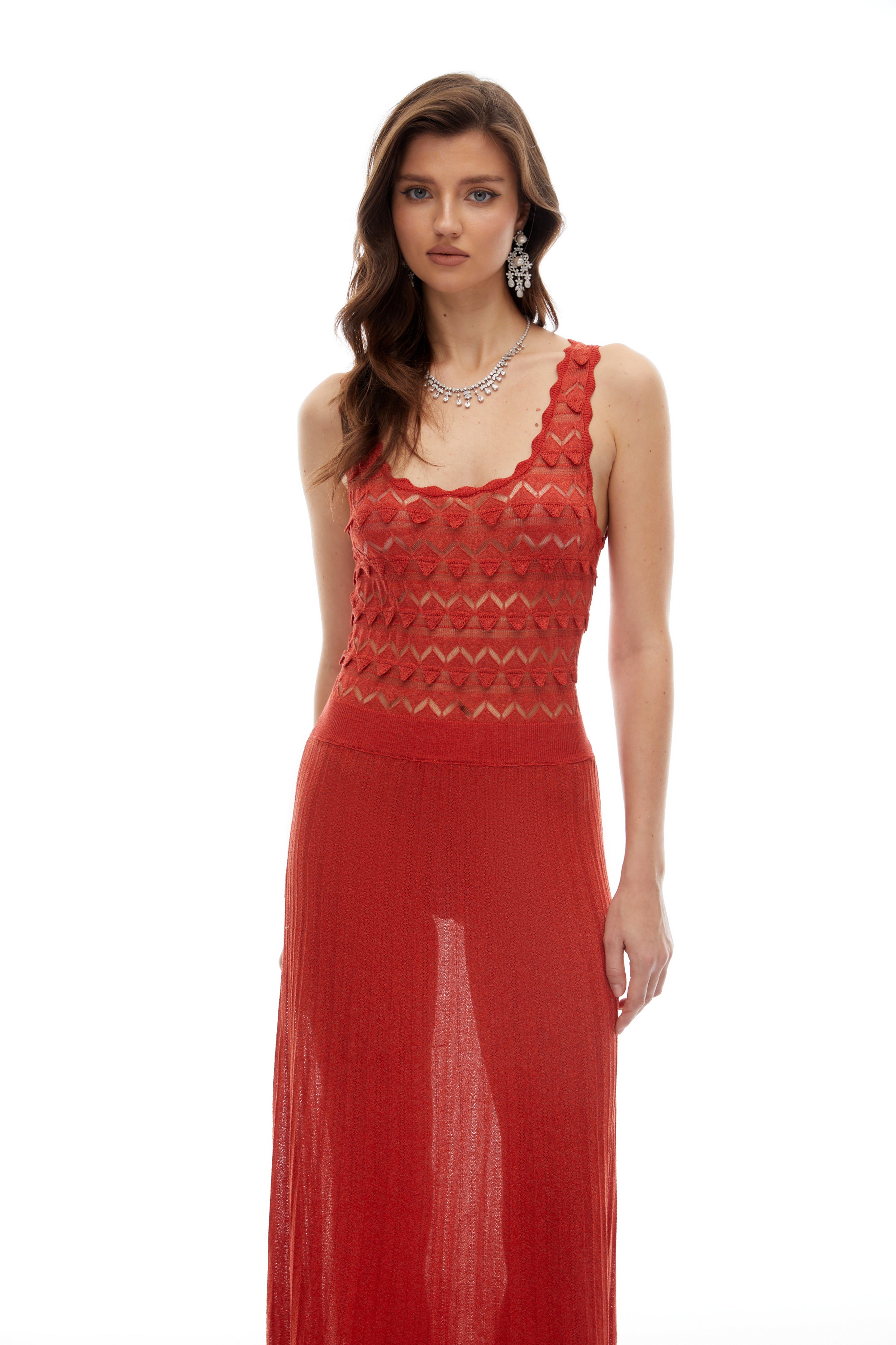 Calla Red 3D Knitted Ornament Maxi Dress