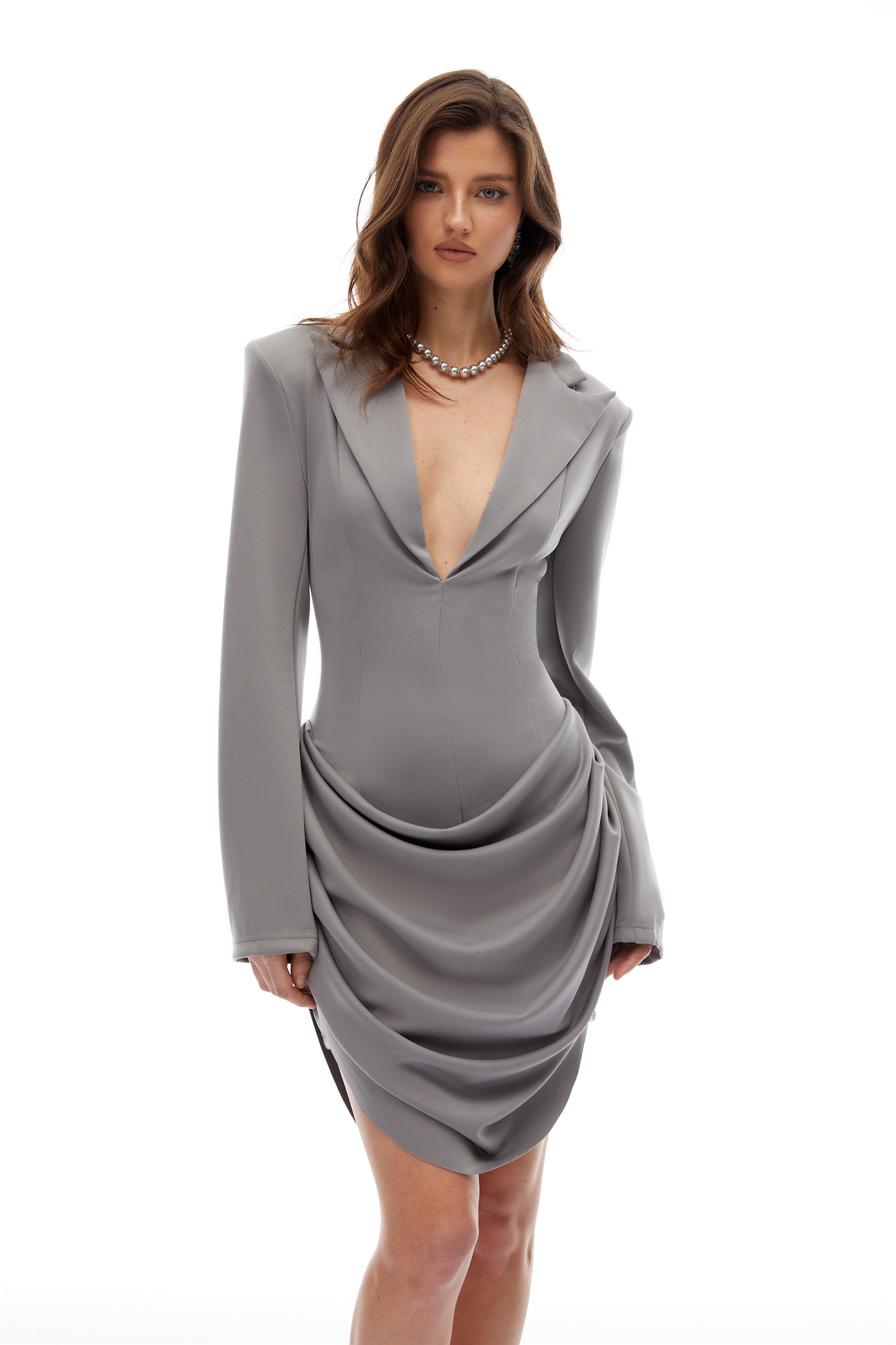 Ishtar Grey V Neck Draped Mini Blazer Dress
