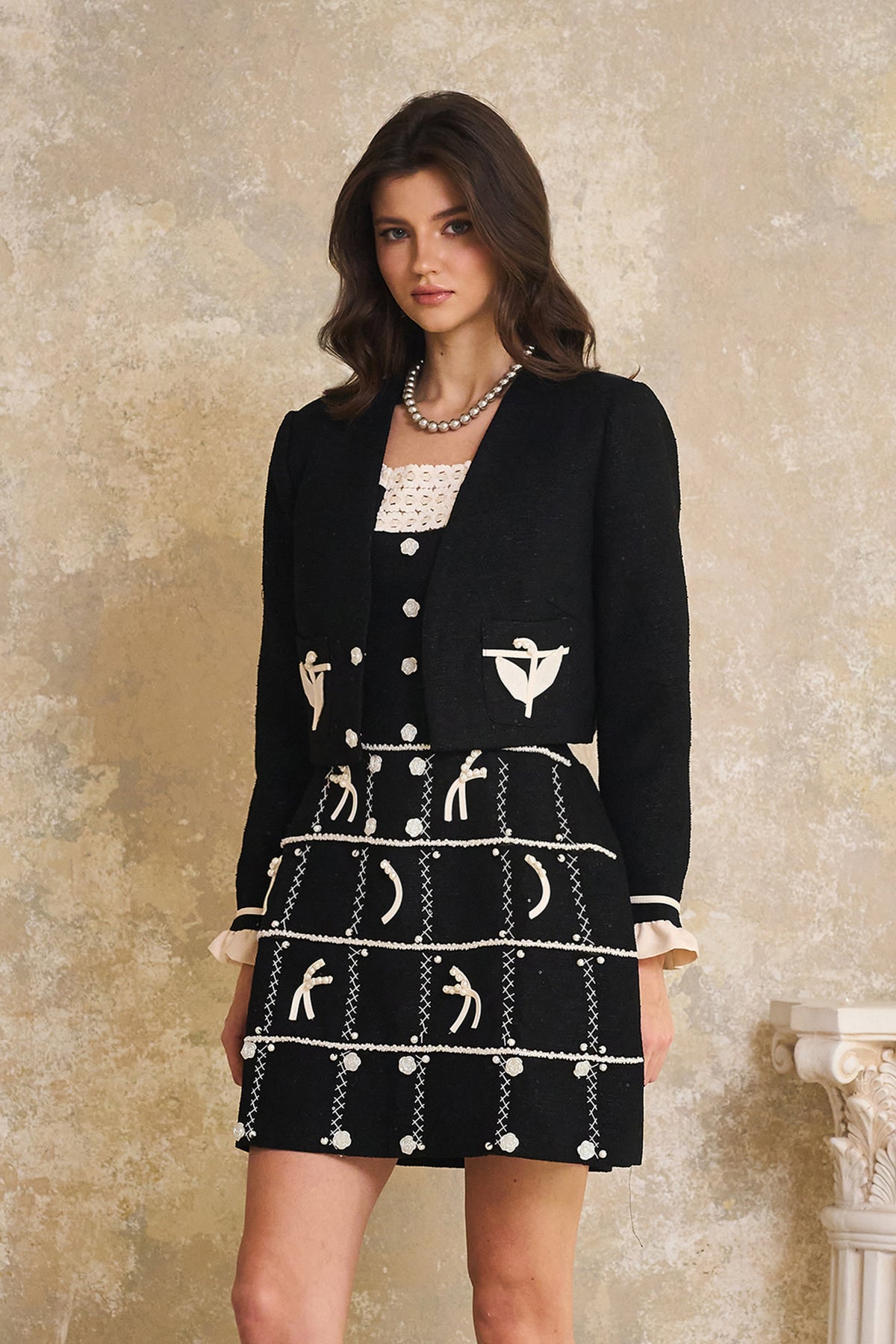 Gelsomina Black Appliqué Detail Tweed Jacket & Dress Set