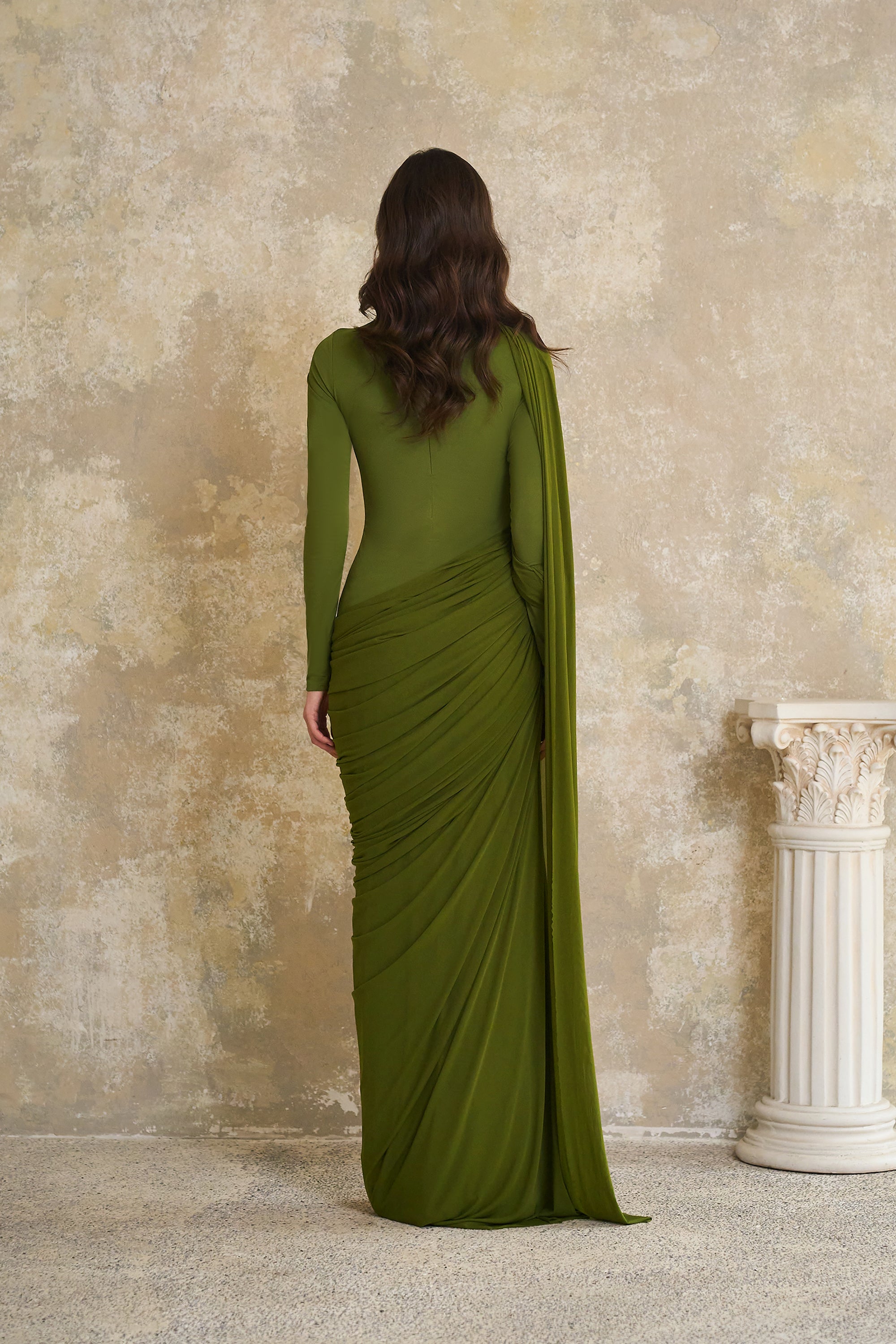 Emilia Green Asymmetrical Ribbon Draped Maxi Dress