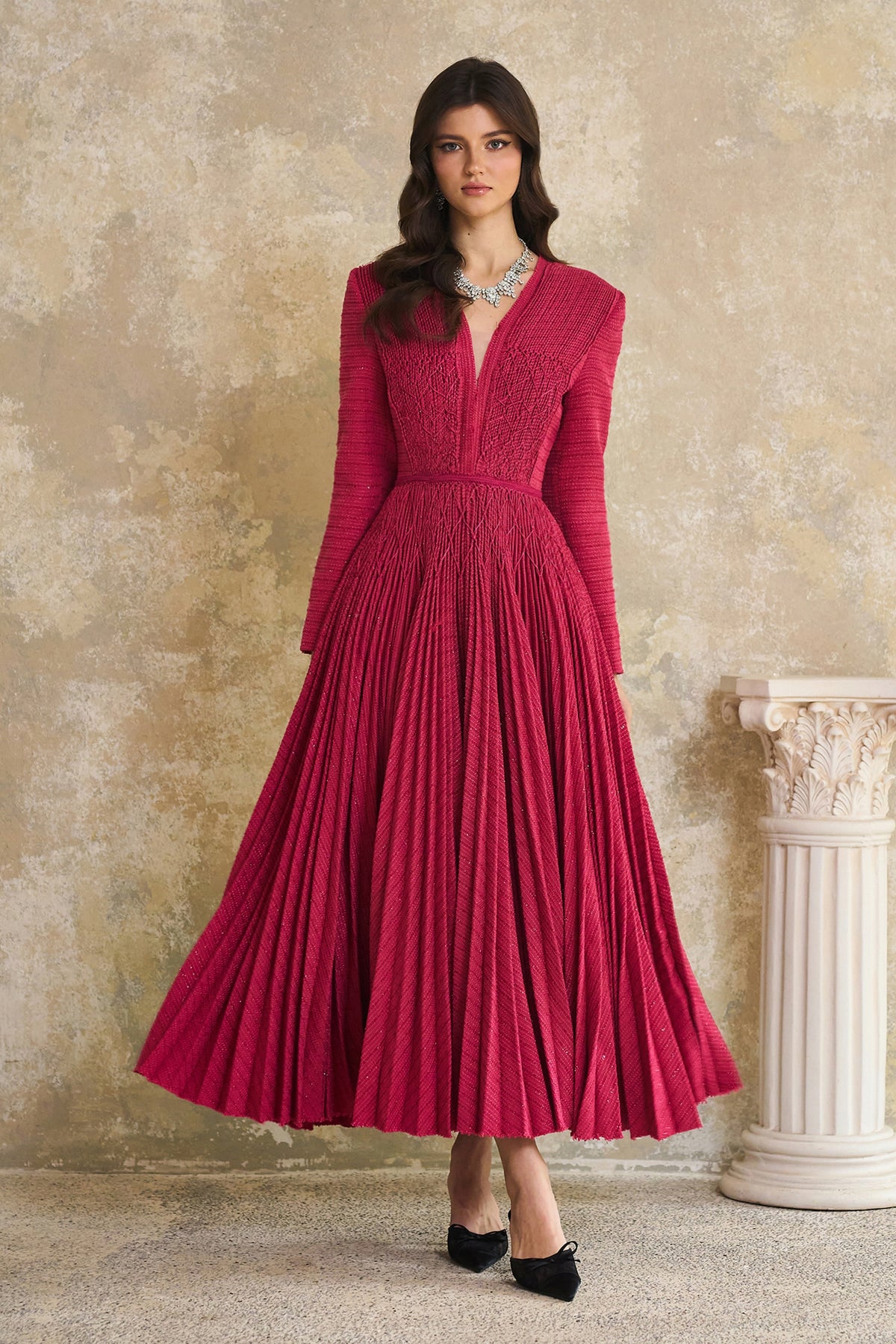 Ortensia Red Braided Pleated Tweed Midi Dress