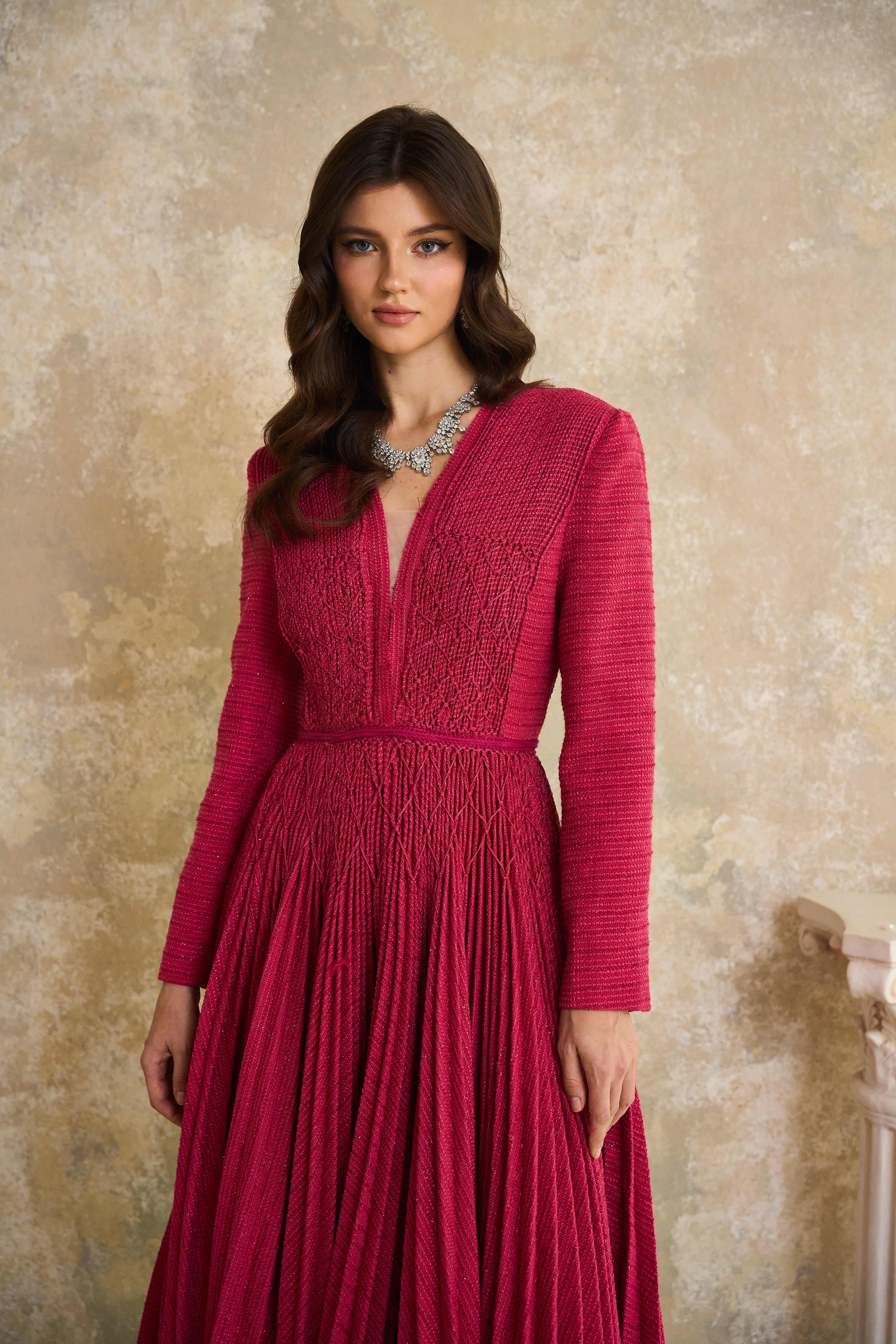Ortensia Red Braided Pleated Tweed Midi Dress