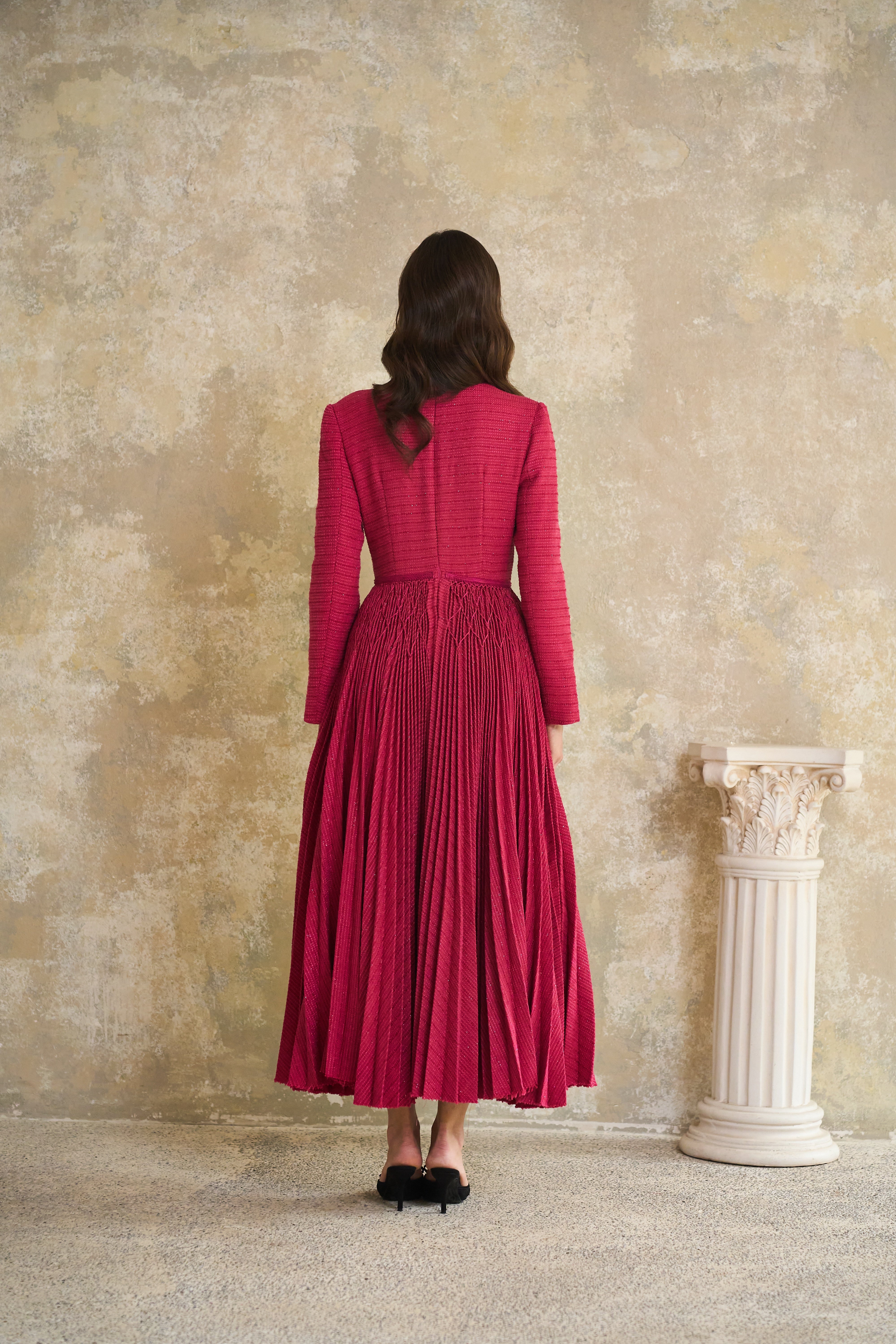Ortensia Red Braided Pleated Tweed Midi Dress