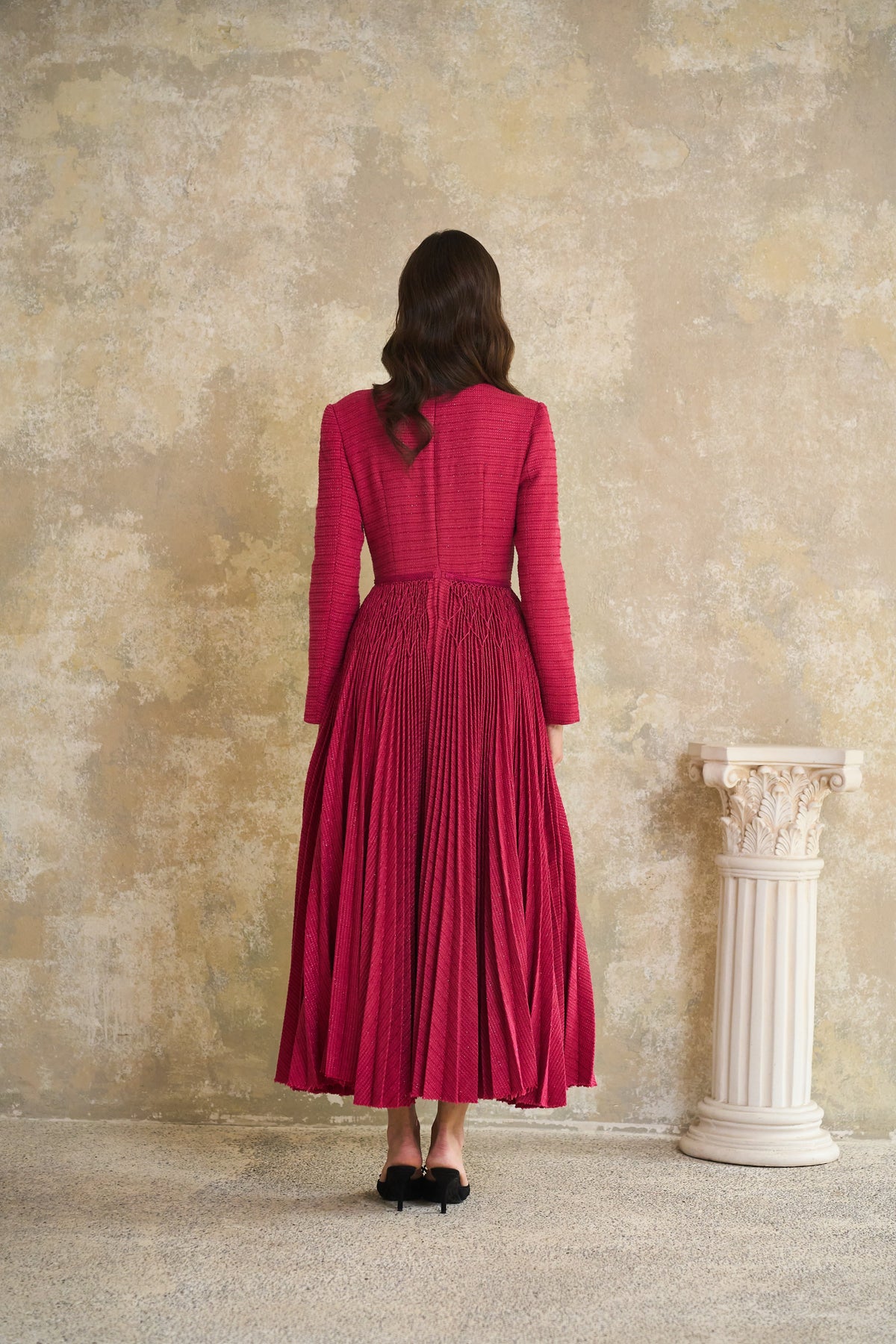 Ortensia Red Braided Pleated Tweed Midi Dress