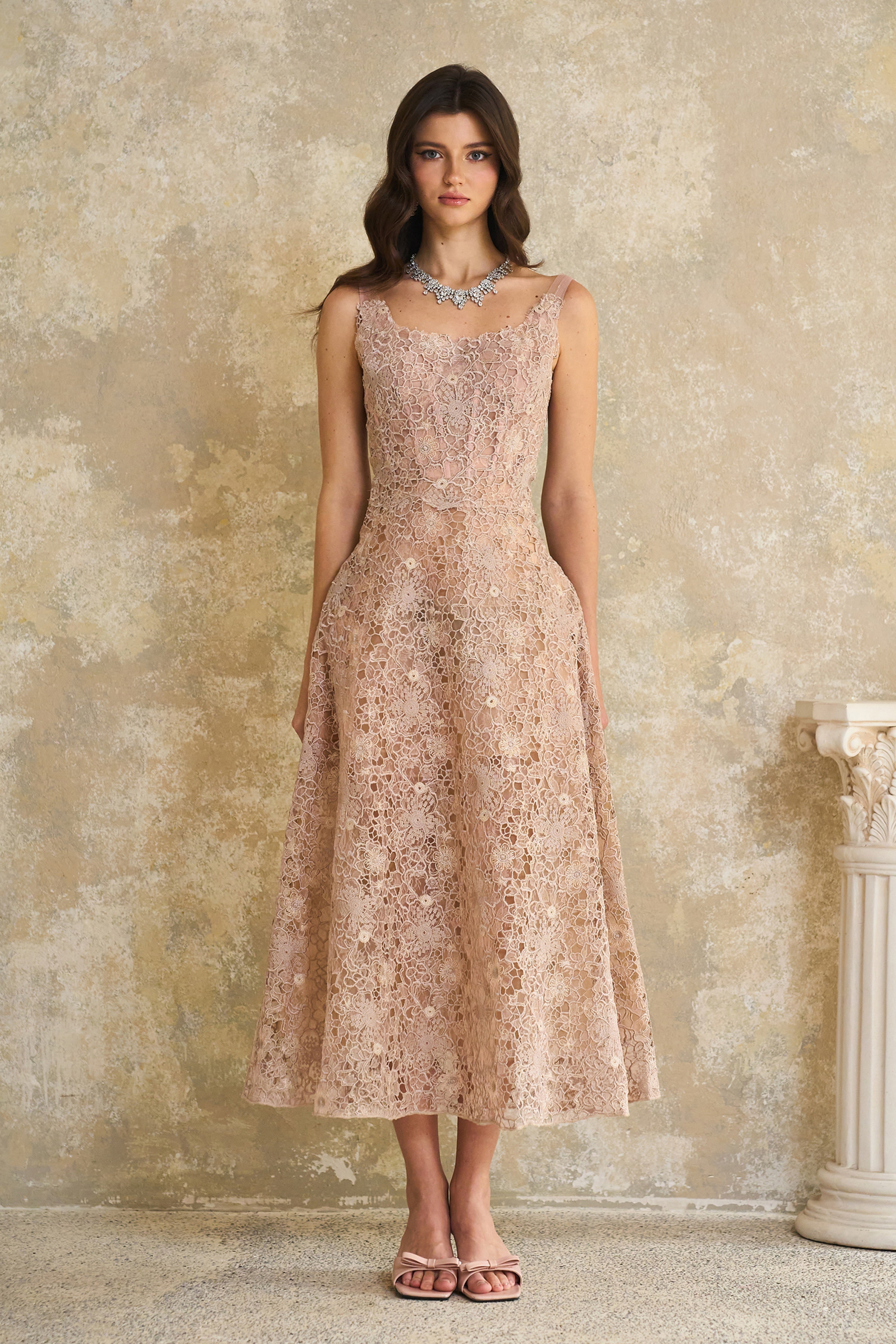 Kristoffer Pink Floral Lace Midi Dress