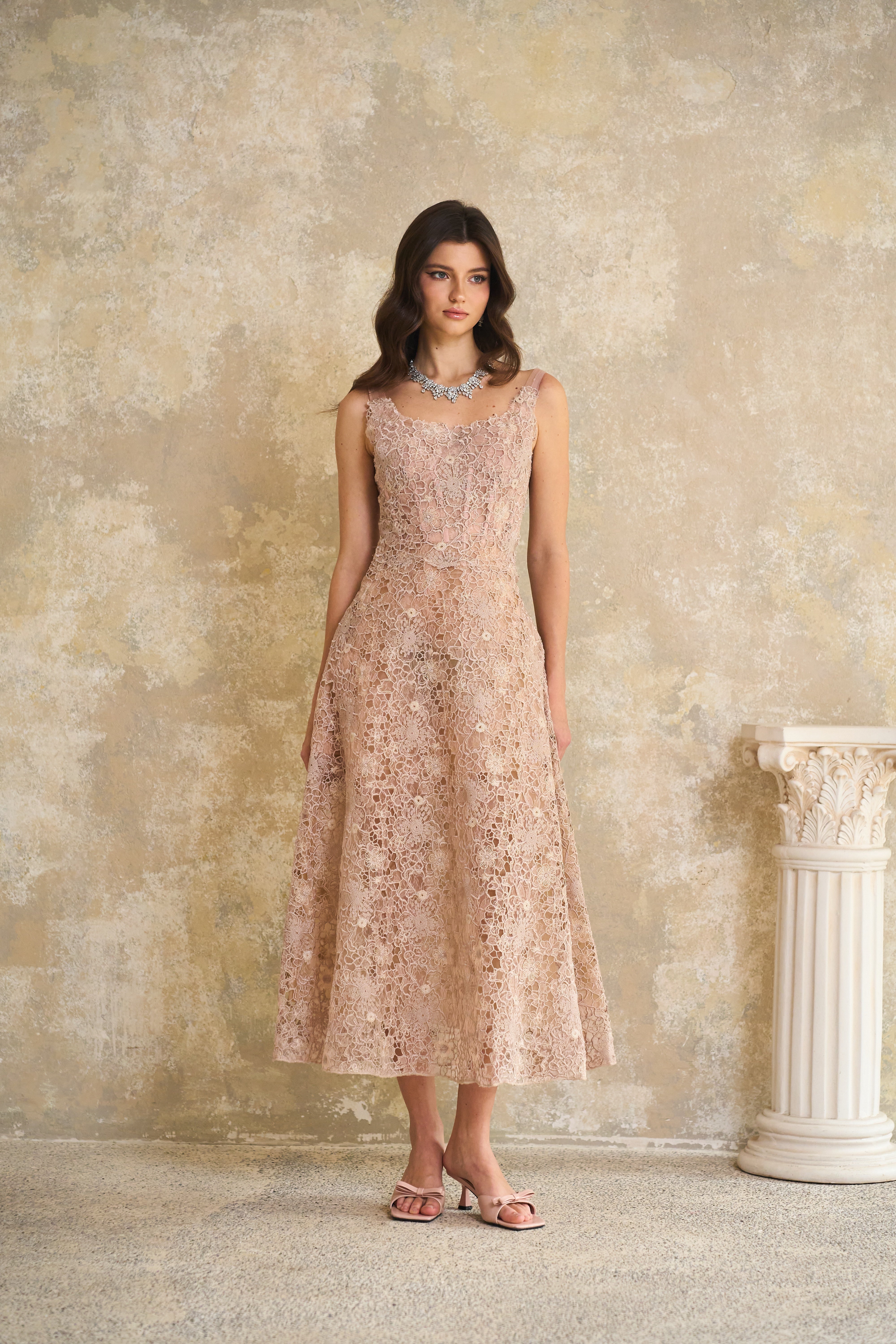 Kristoffer Pink Floral Lace Midi Dress