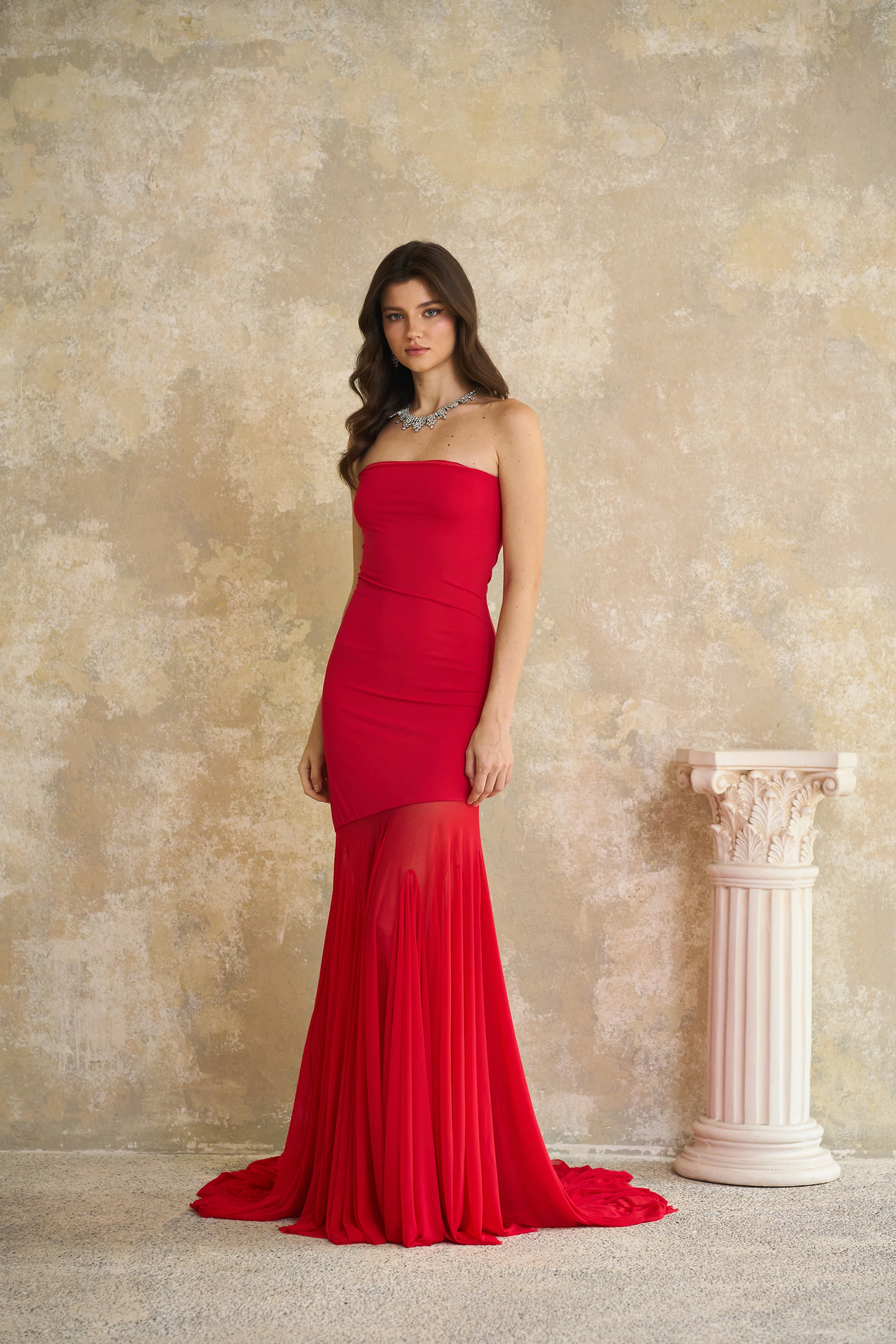 Josiane Red Off-shoulder Sheer Tulle Maxi Dress