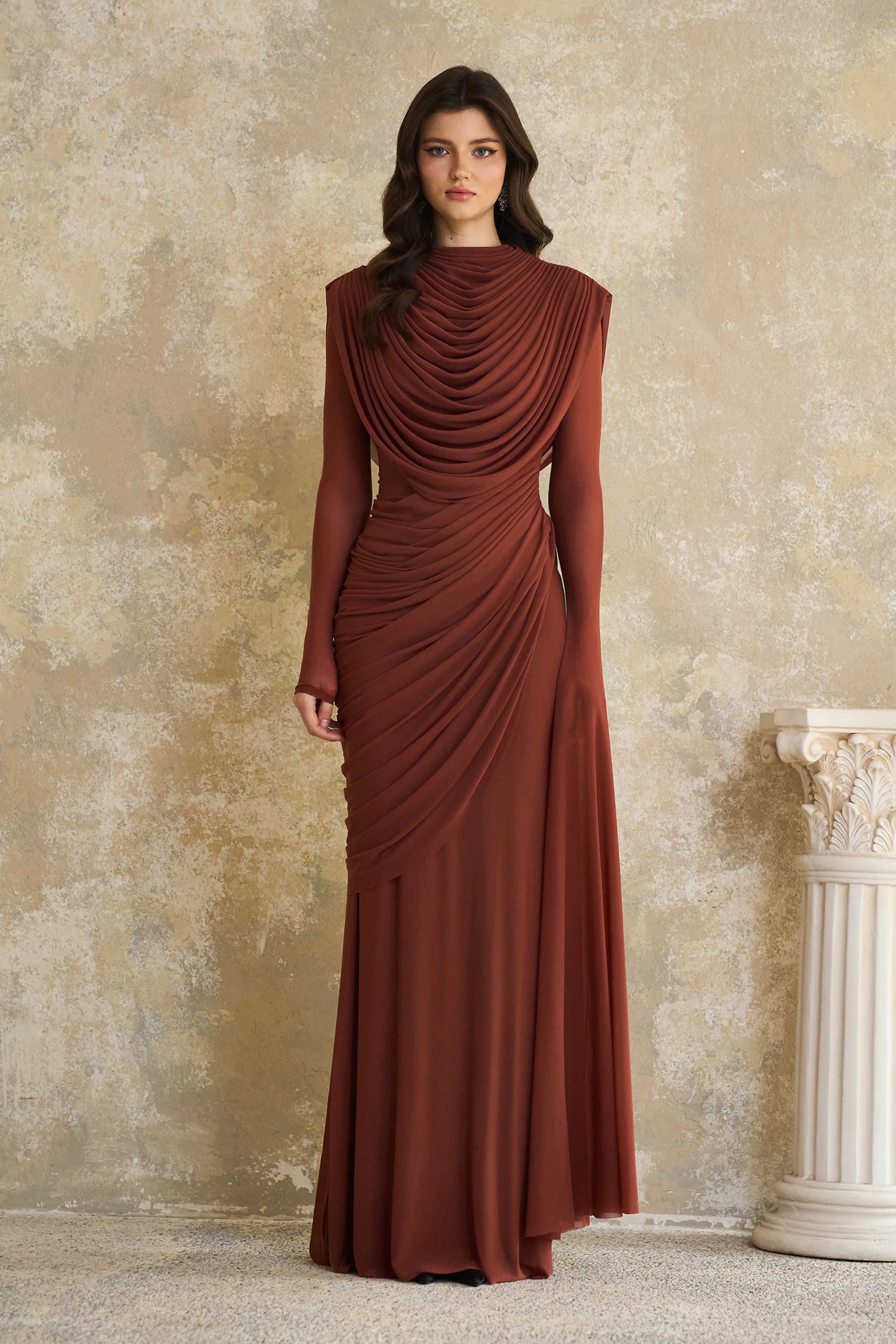 Danaé Brown Shirred-effect Draped Maxi Dress