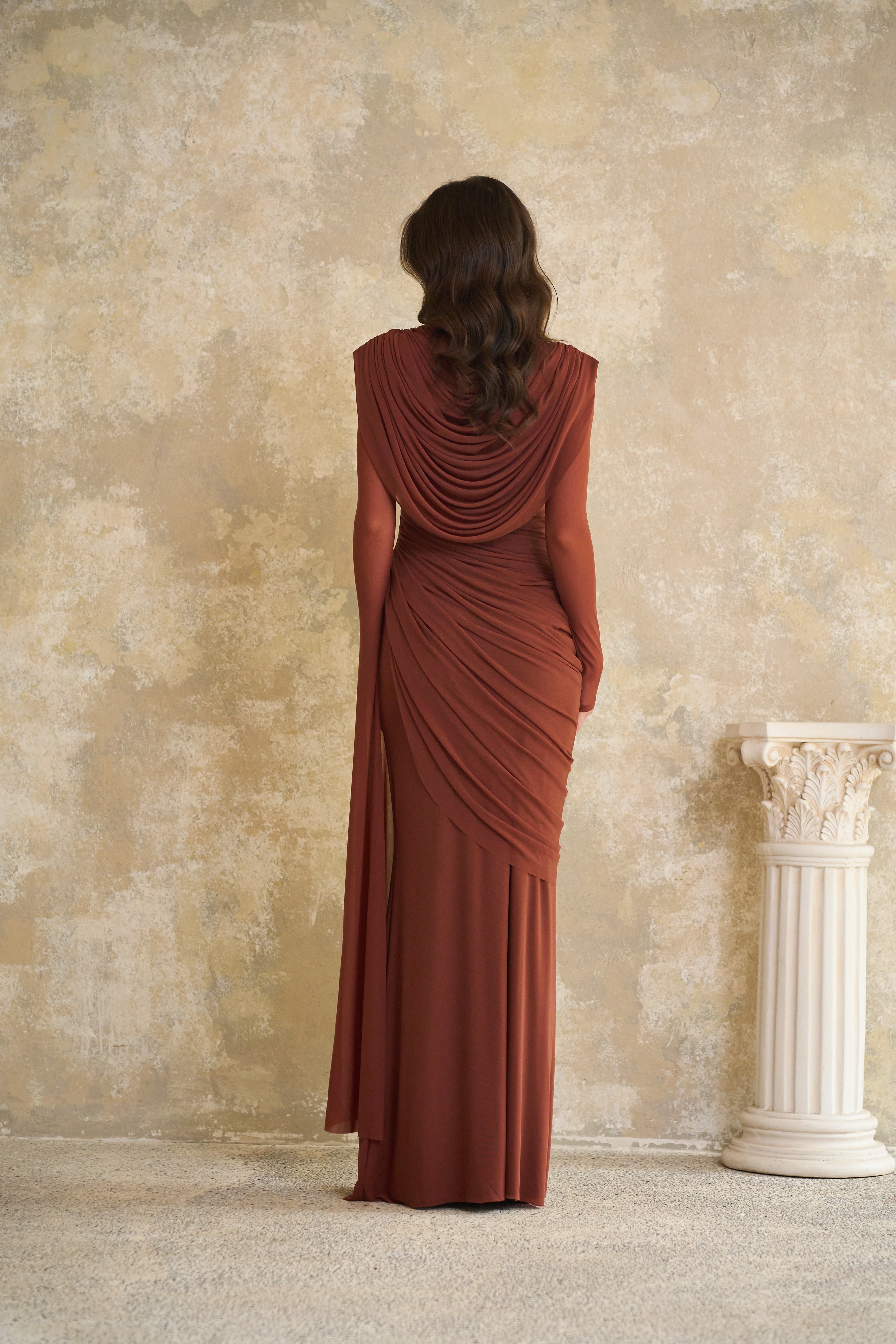 Danaé Brown Shirred-effect Draped Maxi Dress
