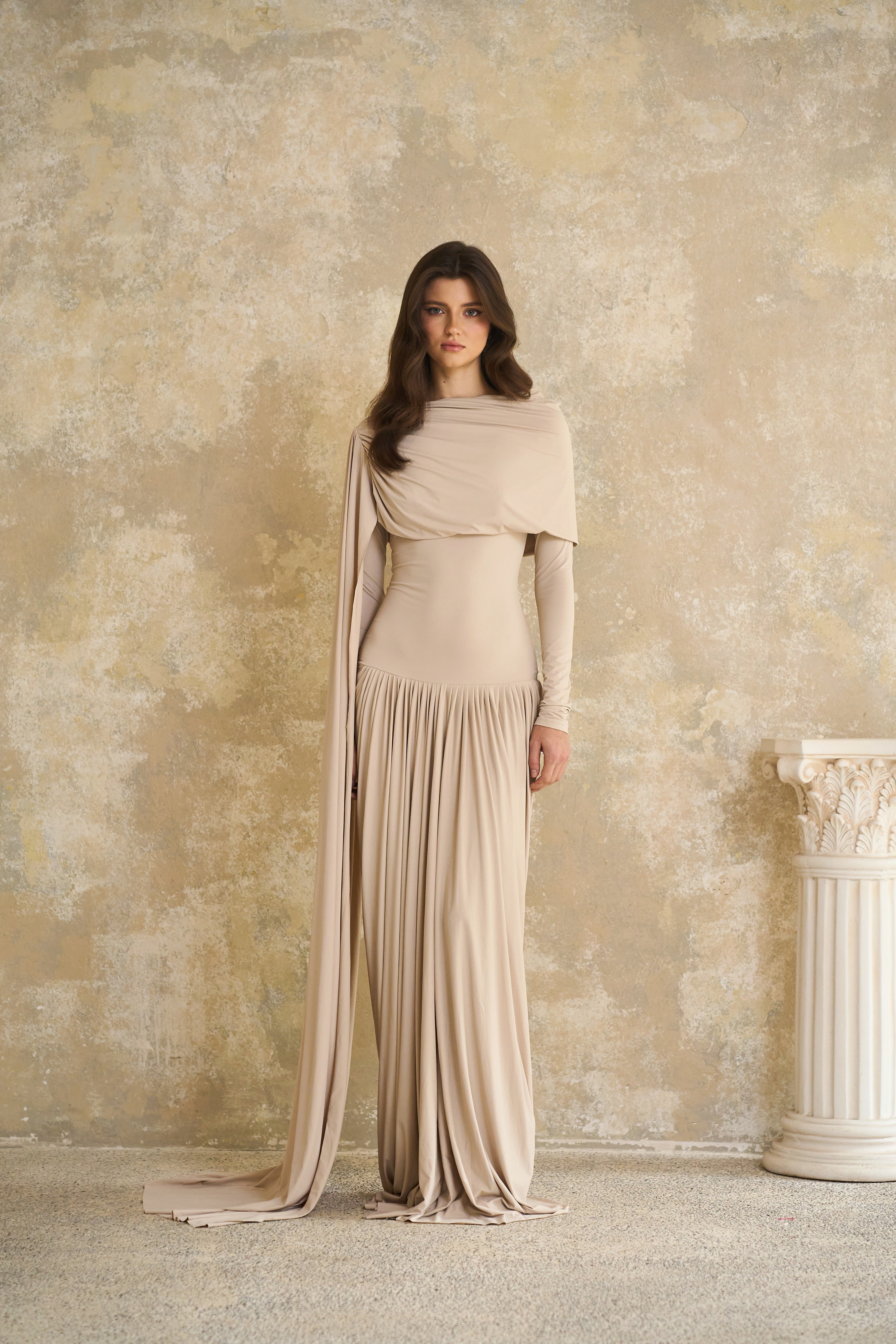 Gaëlle Neutrals Ribbon-design Draped Maxi Dress