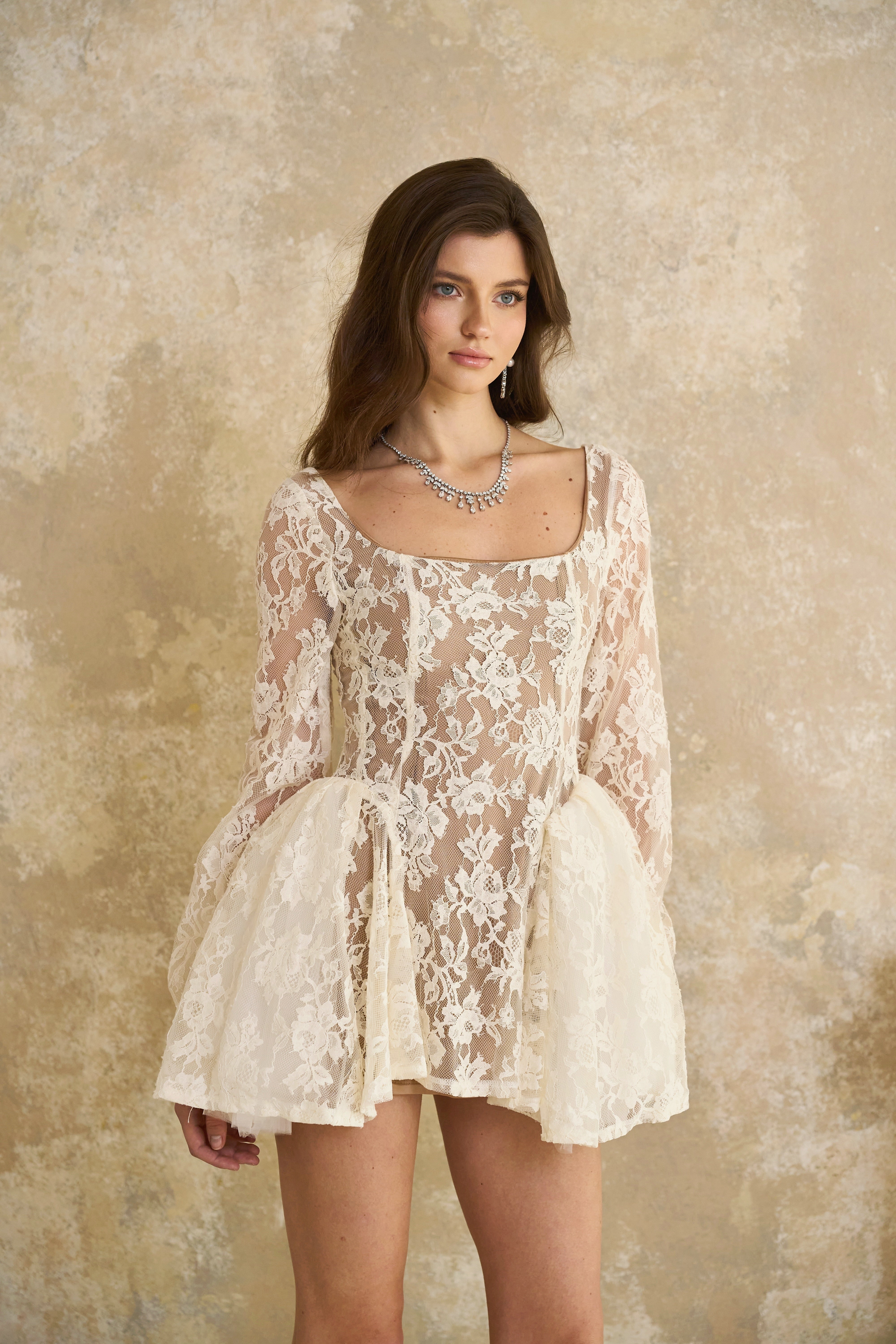 Alva Neutral Floral Lace Mini Dress