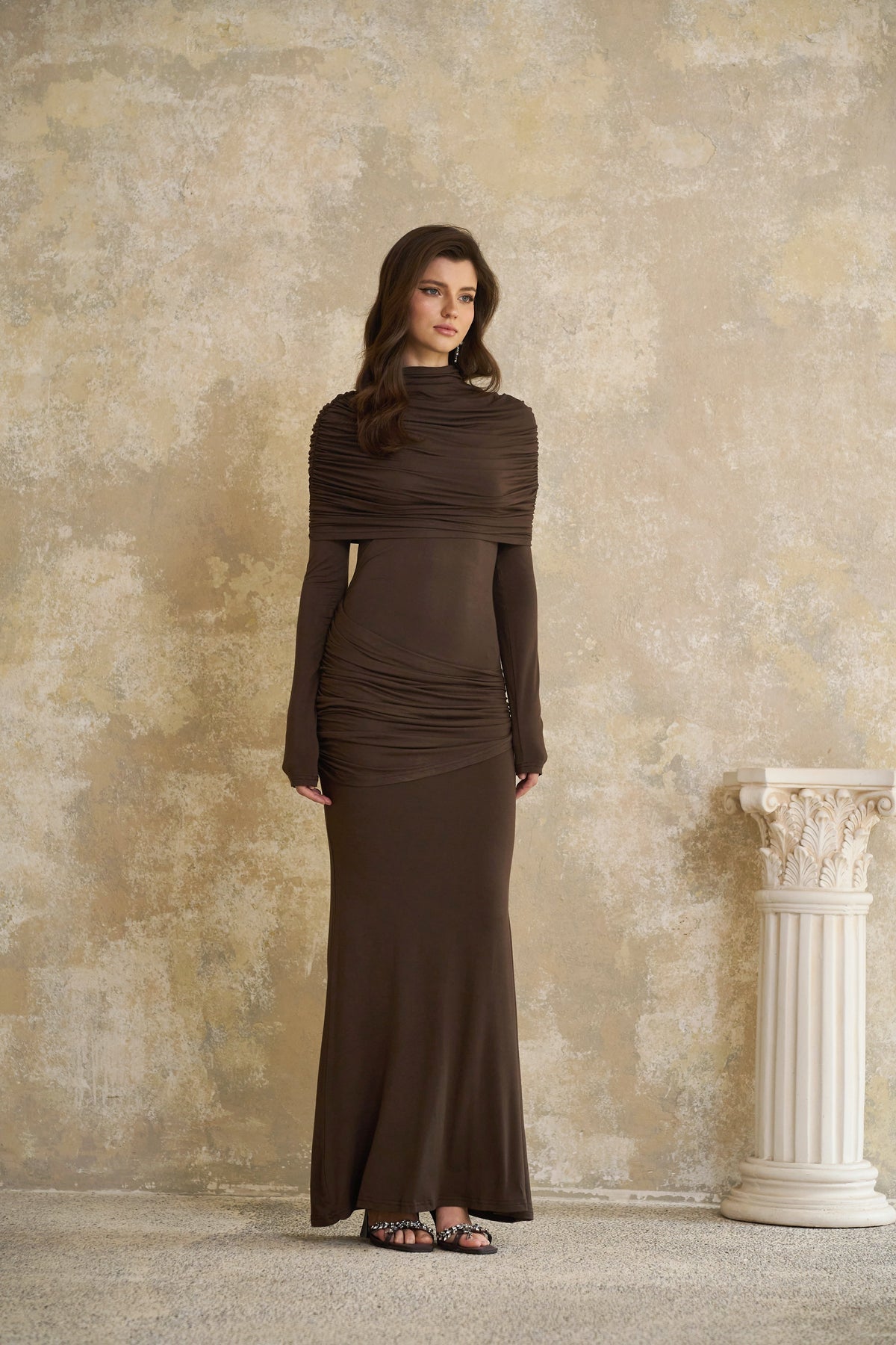 Éléna Brown Cape Design Ruched Maxi Dress (Final Sale-US Only)