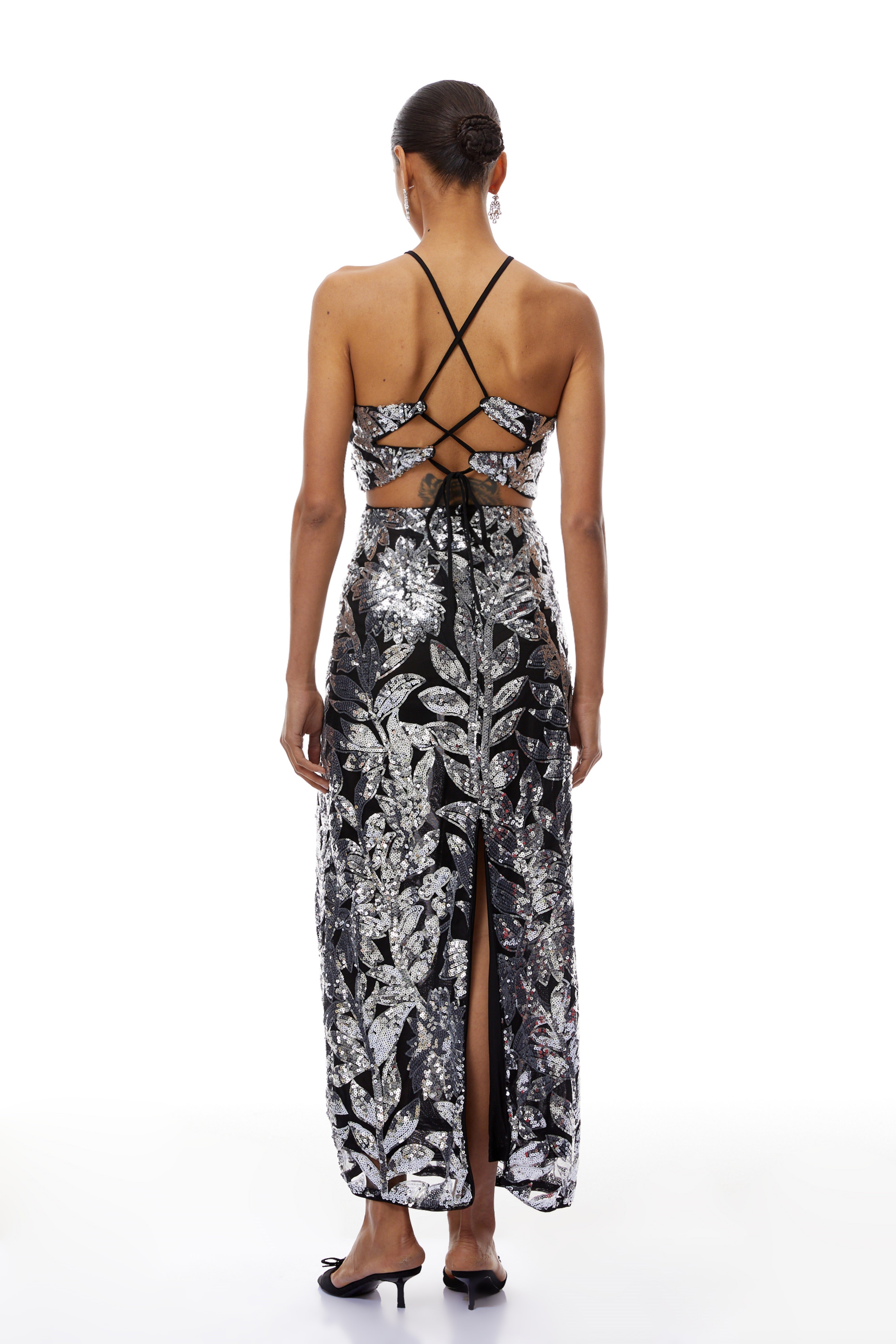 Alma Silver Floral Sequin Mesh Maxi Dress