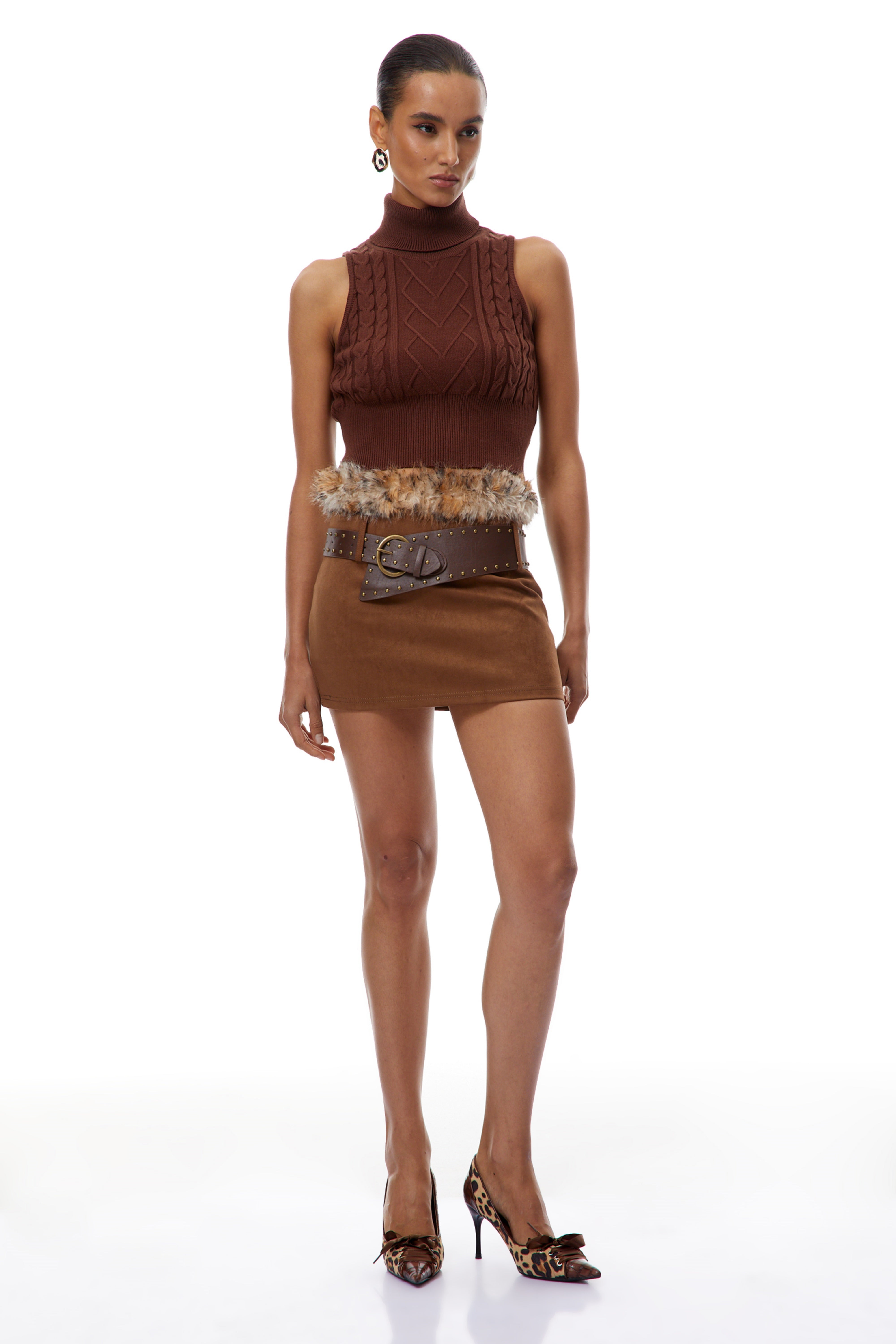 Daria Brown Knit Vest & Suede Skirt Set