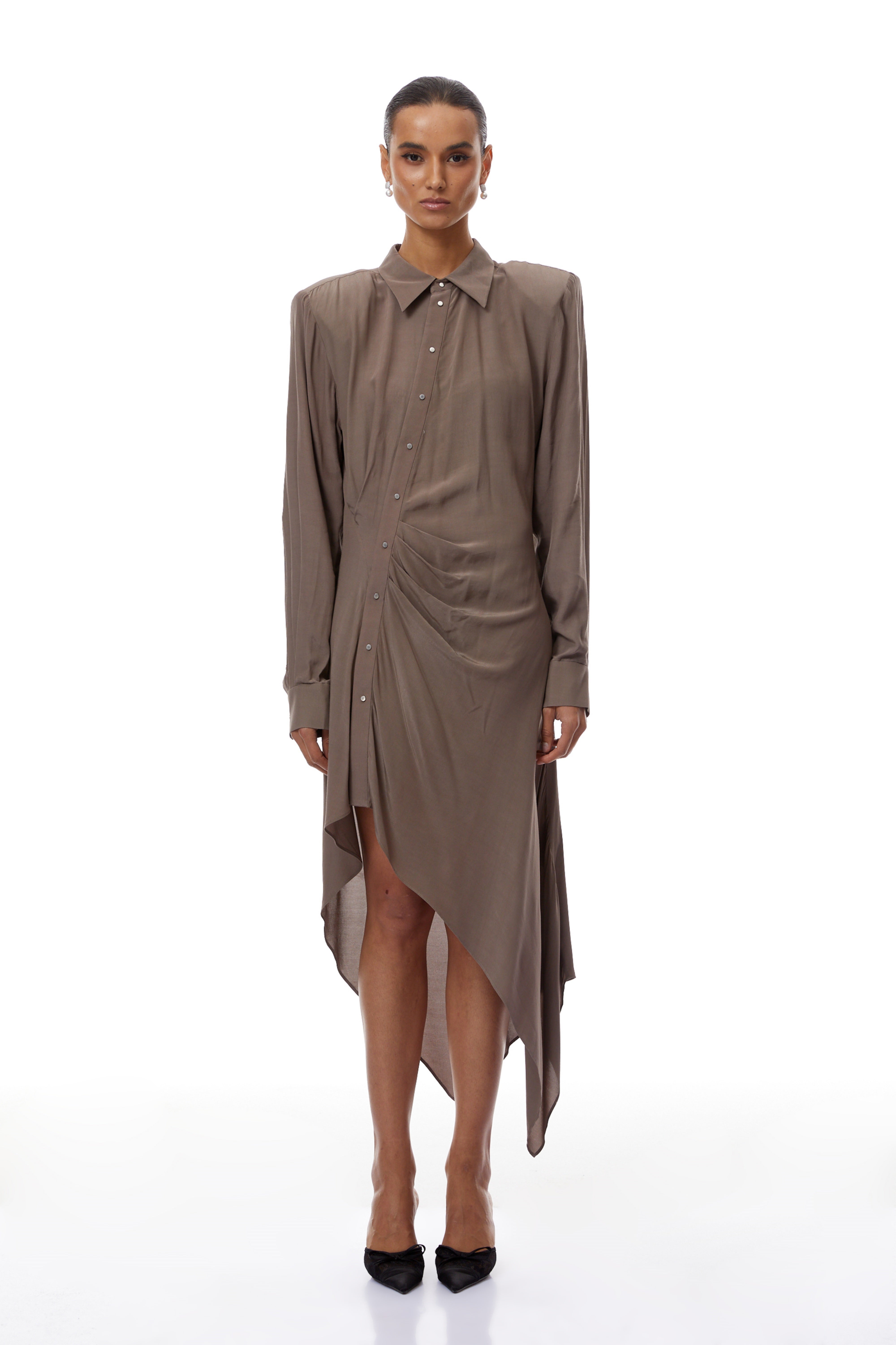 Roberta Brown Ruched Asymmetrical Midi Dress
