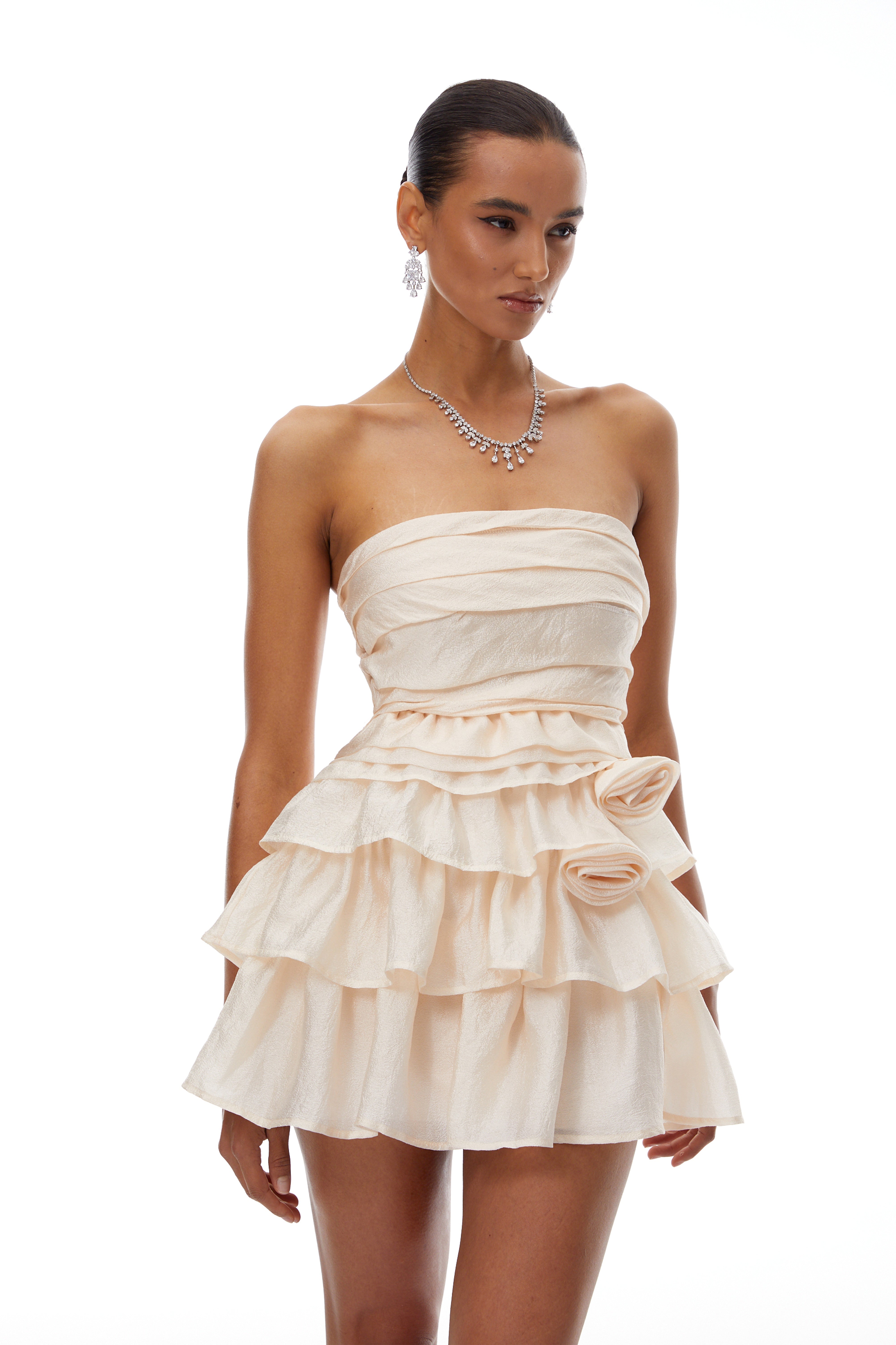 Vilja Neutral Ruffled Detail Tiered Mini Dress (Final Sale)