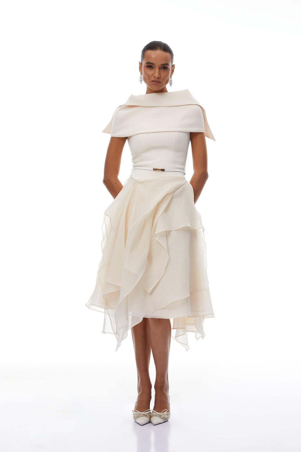 Aria White Asymmetrical Shawl & Tulle Panel Dress Set
