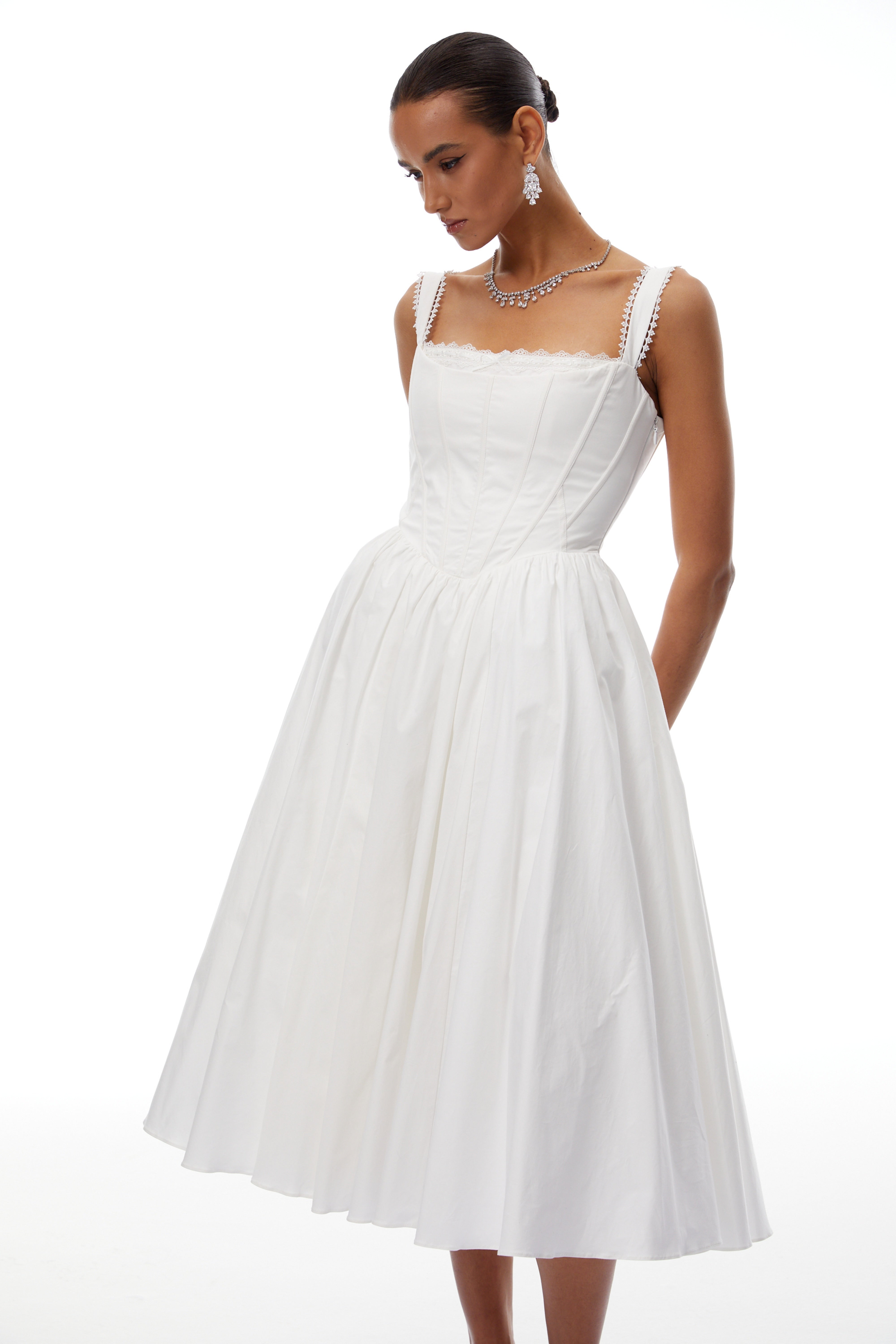 Béatrice White Lace Trim Corset Midi Dress